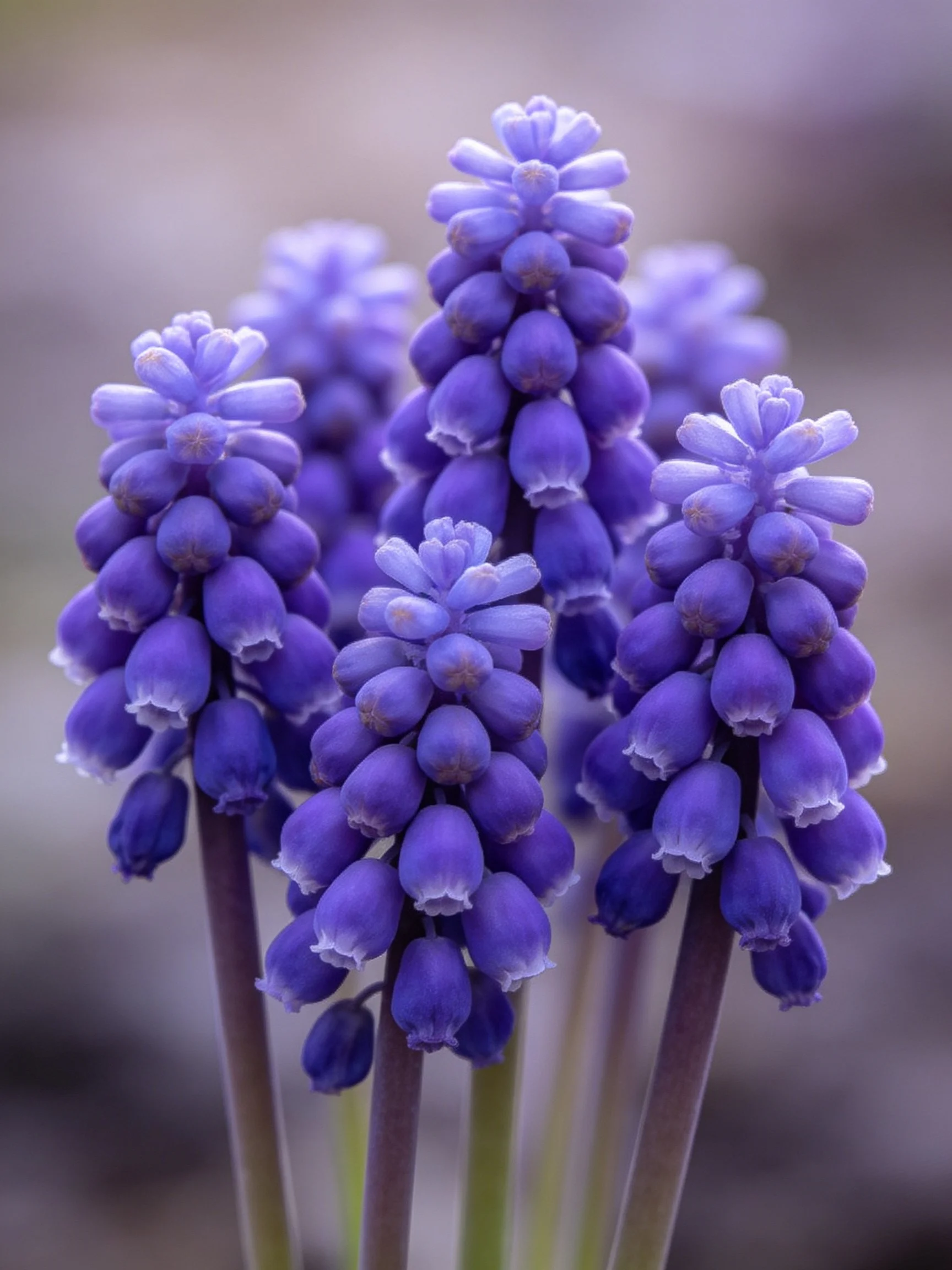 Several clusters of vibrant purple bell-shaped flowers