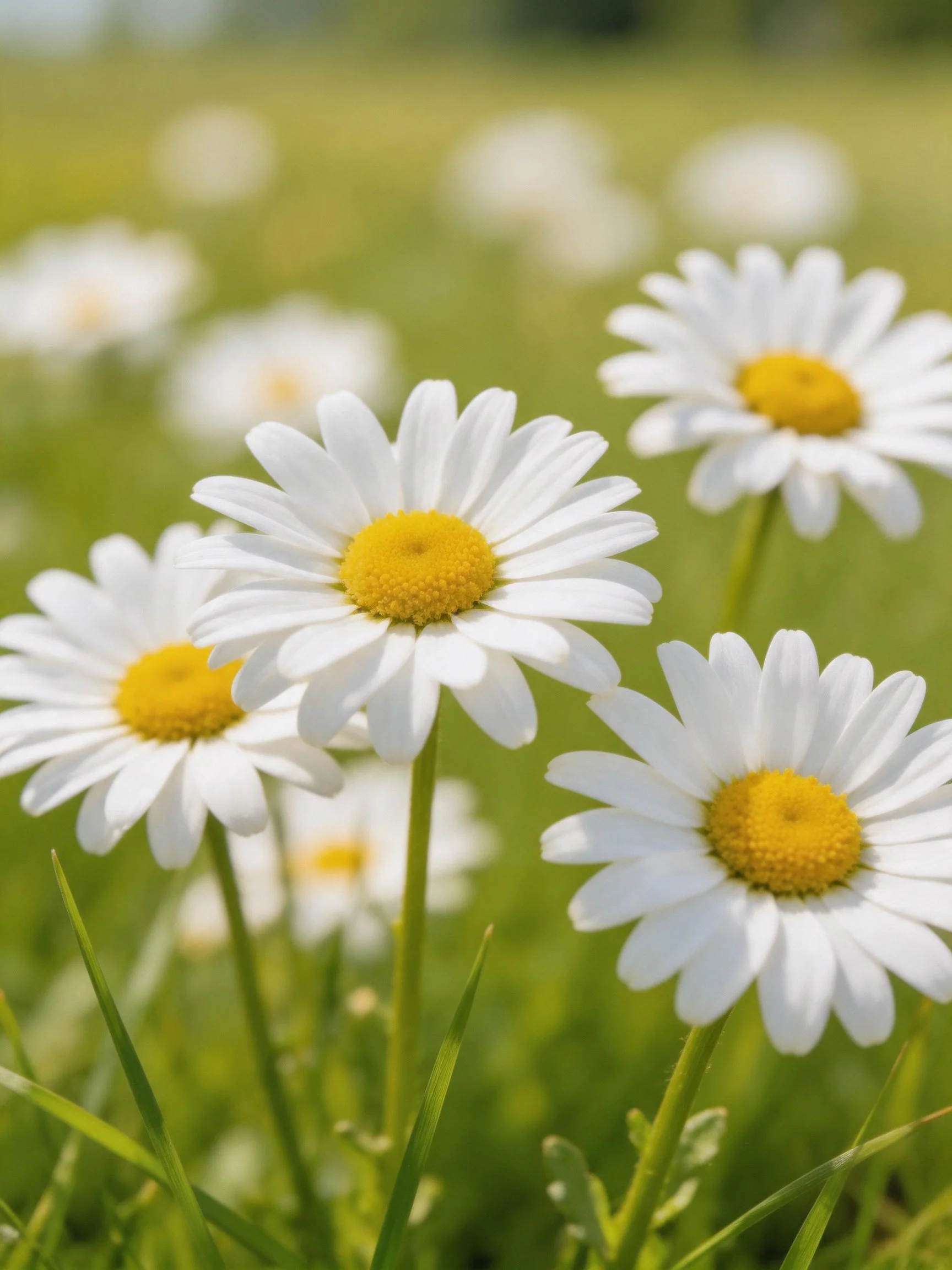 Several daisies with white petals and yellow centers bloom in a green meadow