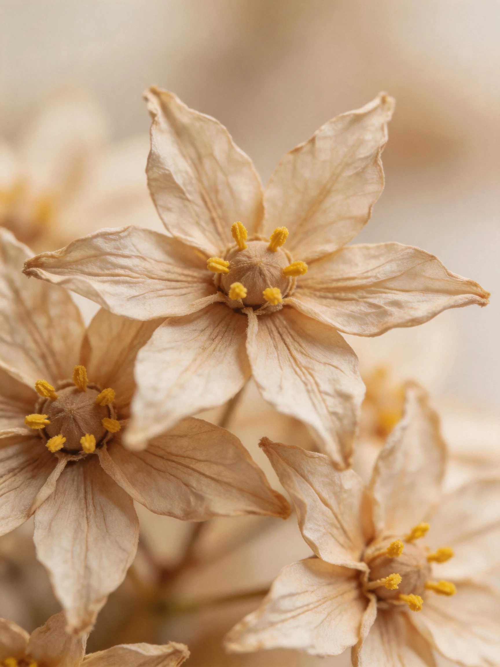 Several dried beige flowers with yellow stamens clustered closely