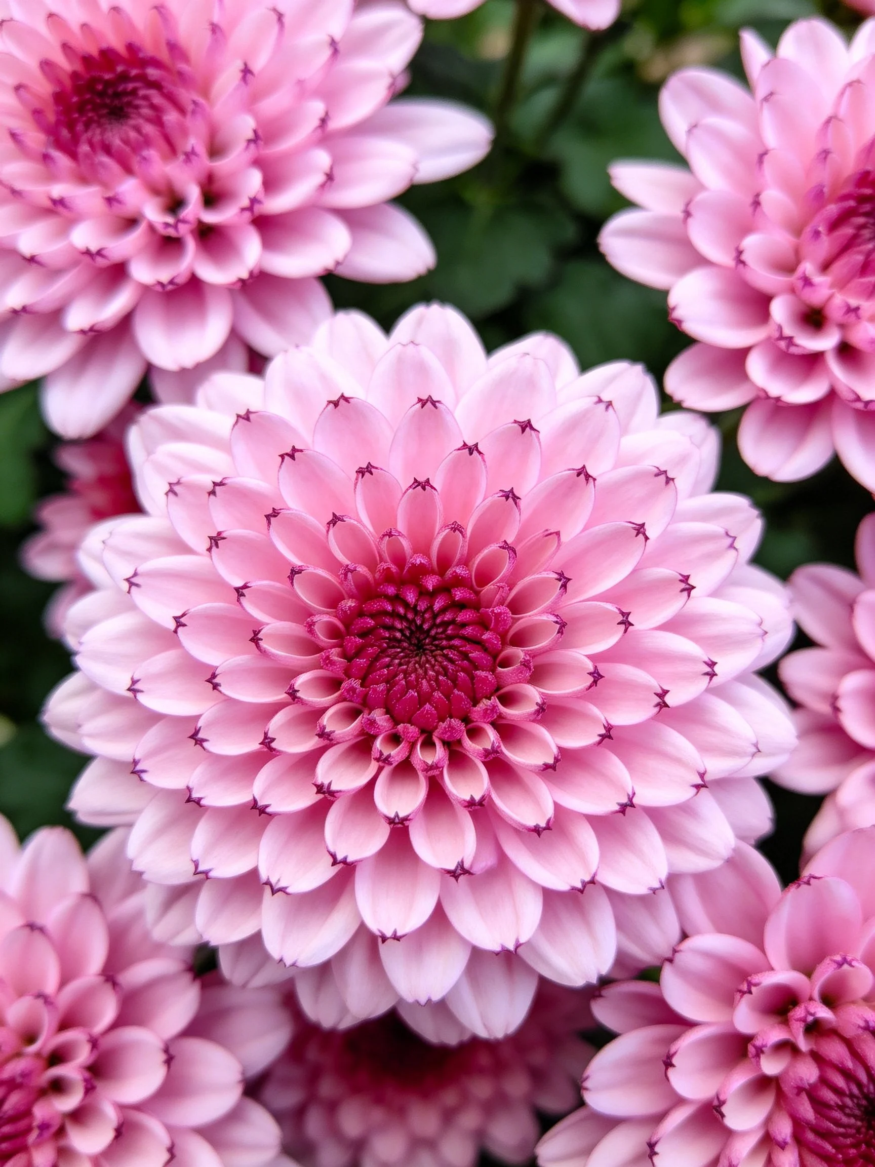 Several pink chrysanthemums with layered petals and dark centers
