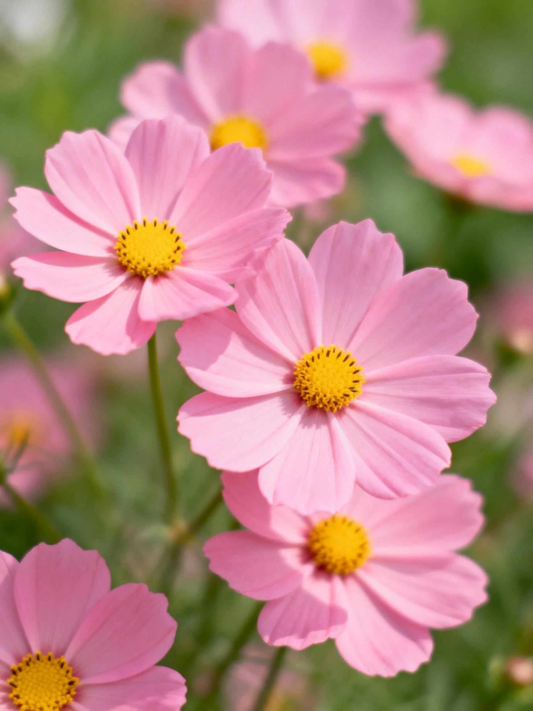 Several pink cosmos flowers with yellow centers among green foliage