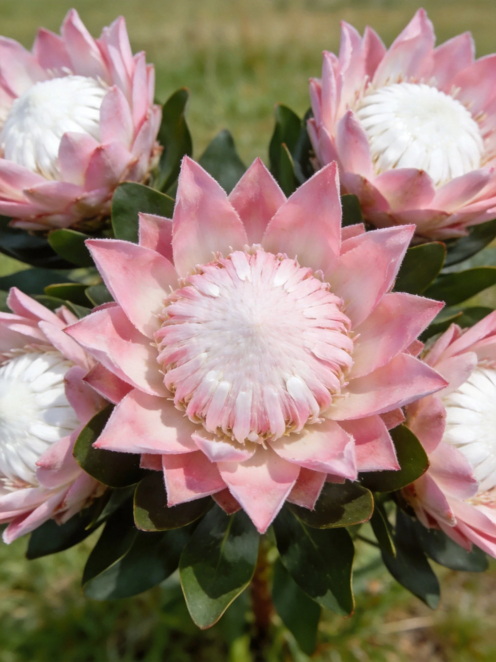 Several pink protea flowers with white centers grouped