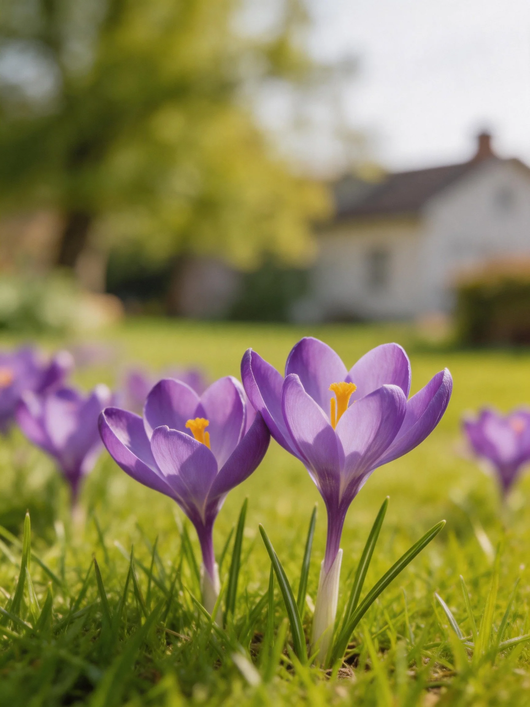 Several purple crocuses bloom in a sunlit grassy lawn with a house in the distance