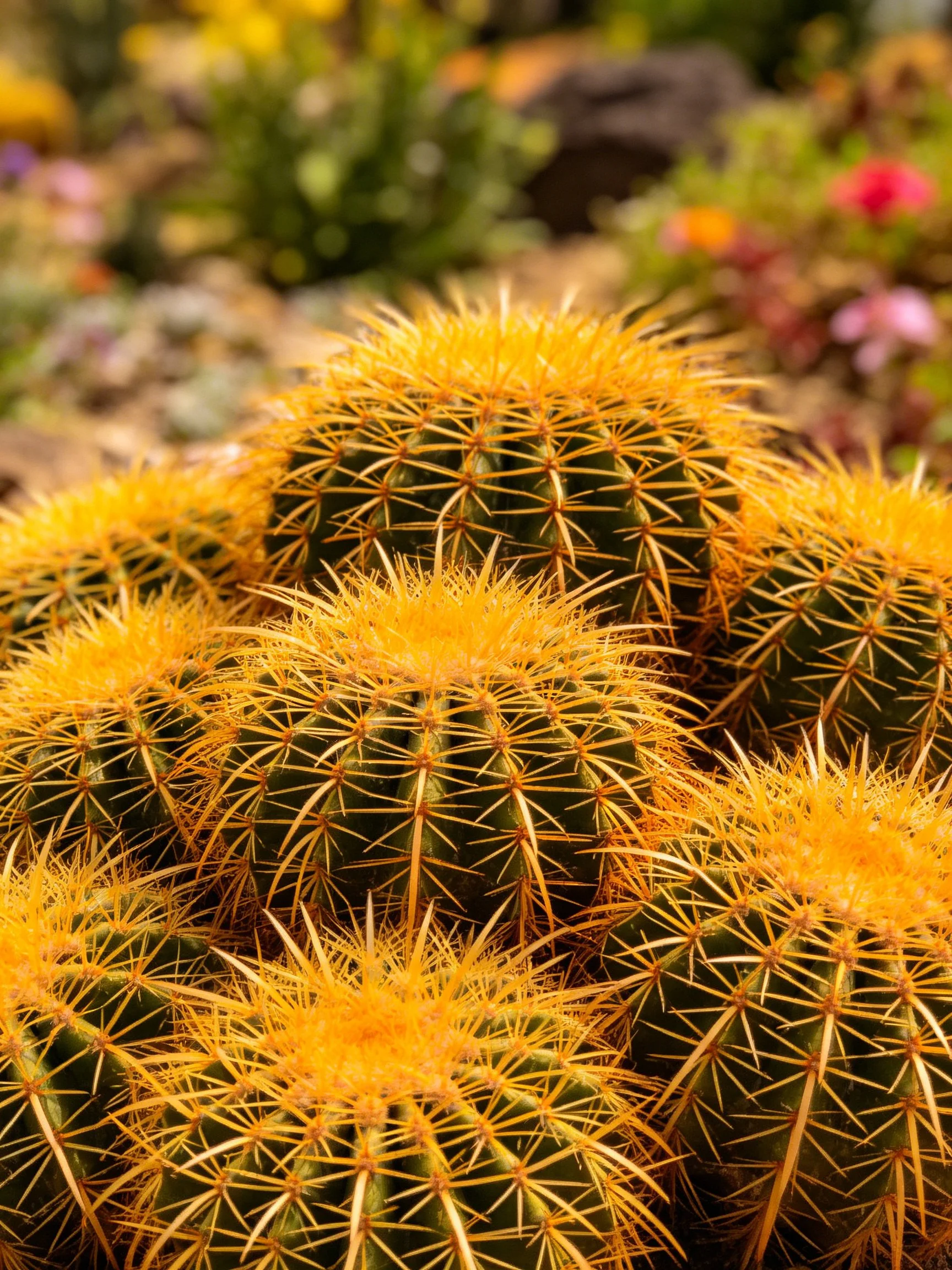 Several round barrel cacti with golden spines in a garden