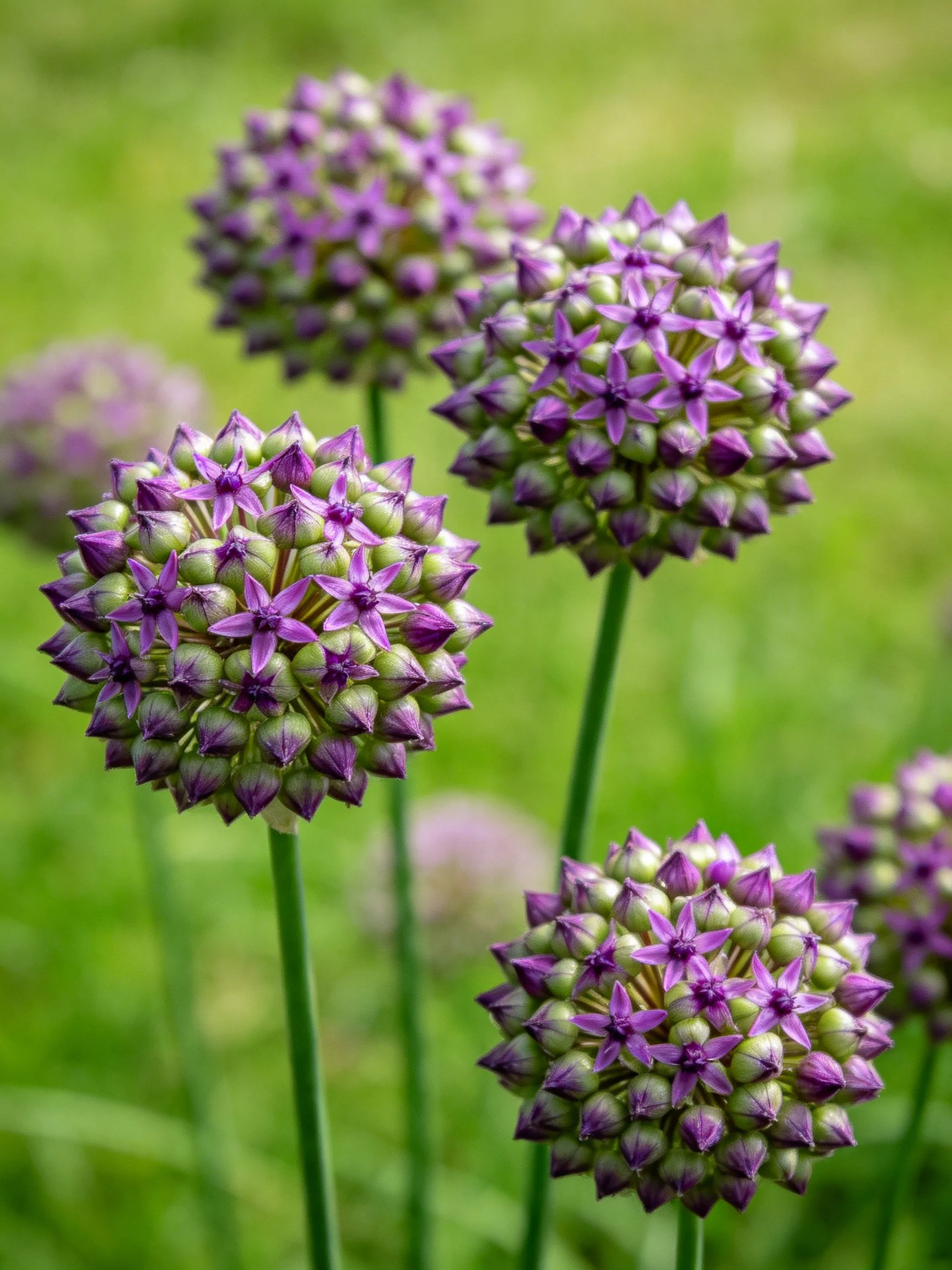 Several spherical purple-green allium flower heads rise on green stems amid blurred greenery