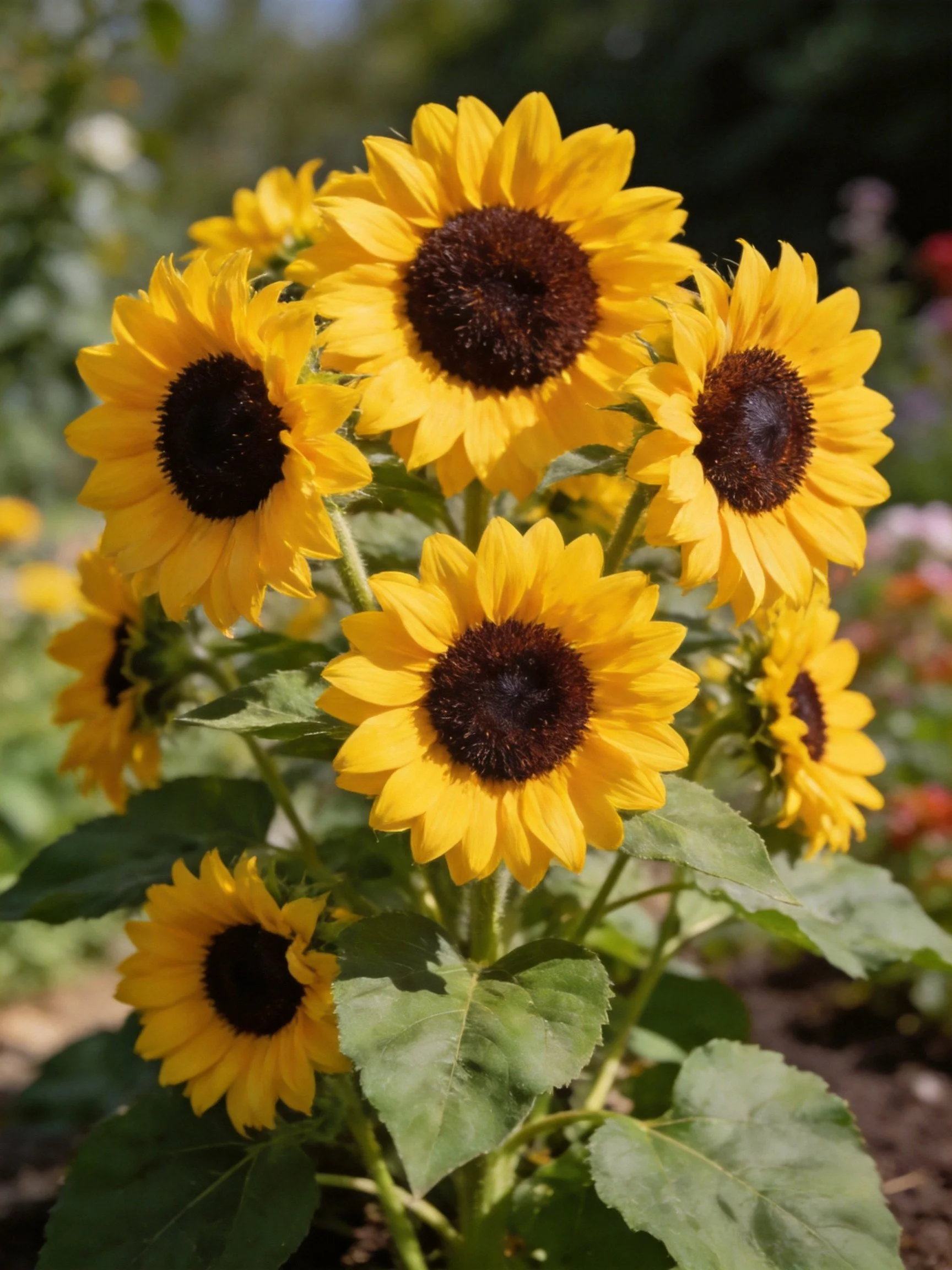 Several vibrant sunflowers with dark centers bloom among lush green foliage.