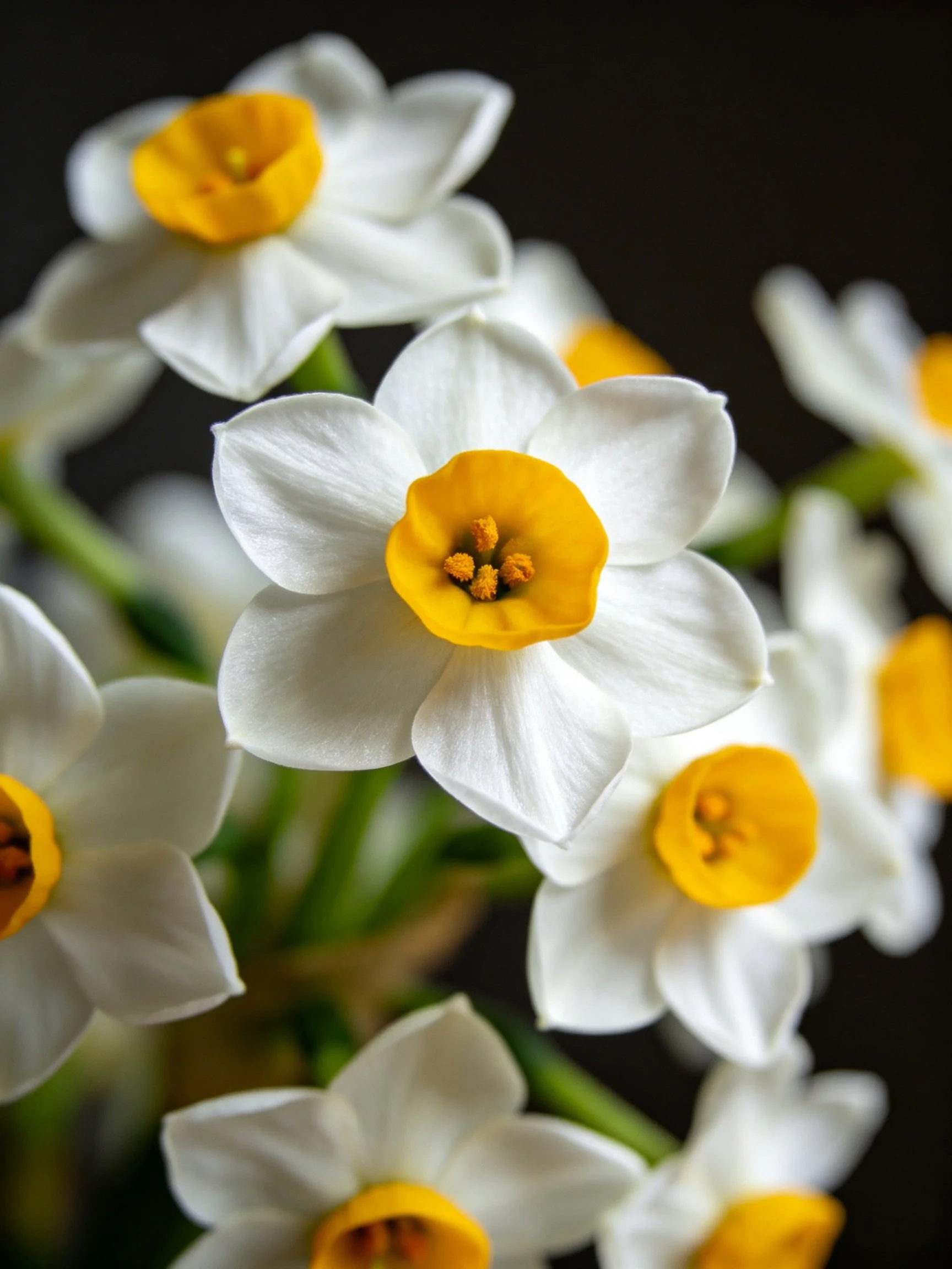 Several white and yellow daffodil flowers clustered together