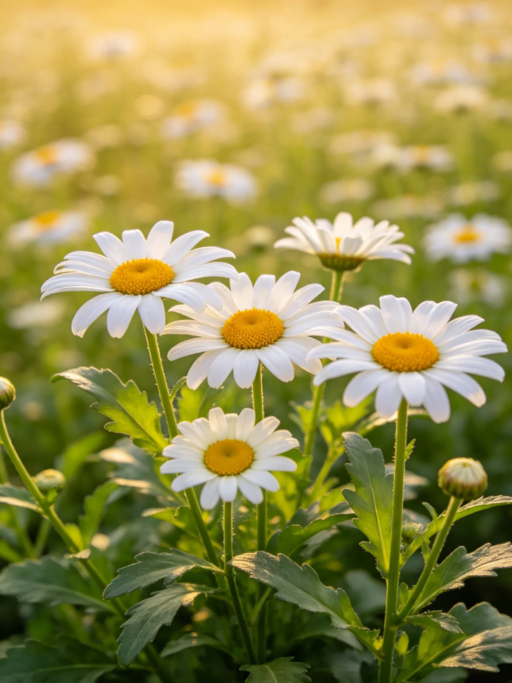 Several white daisies with yellow centers in a sunlit meadow