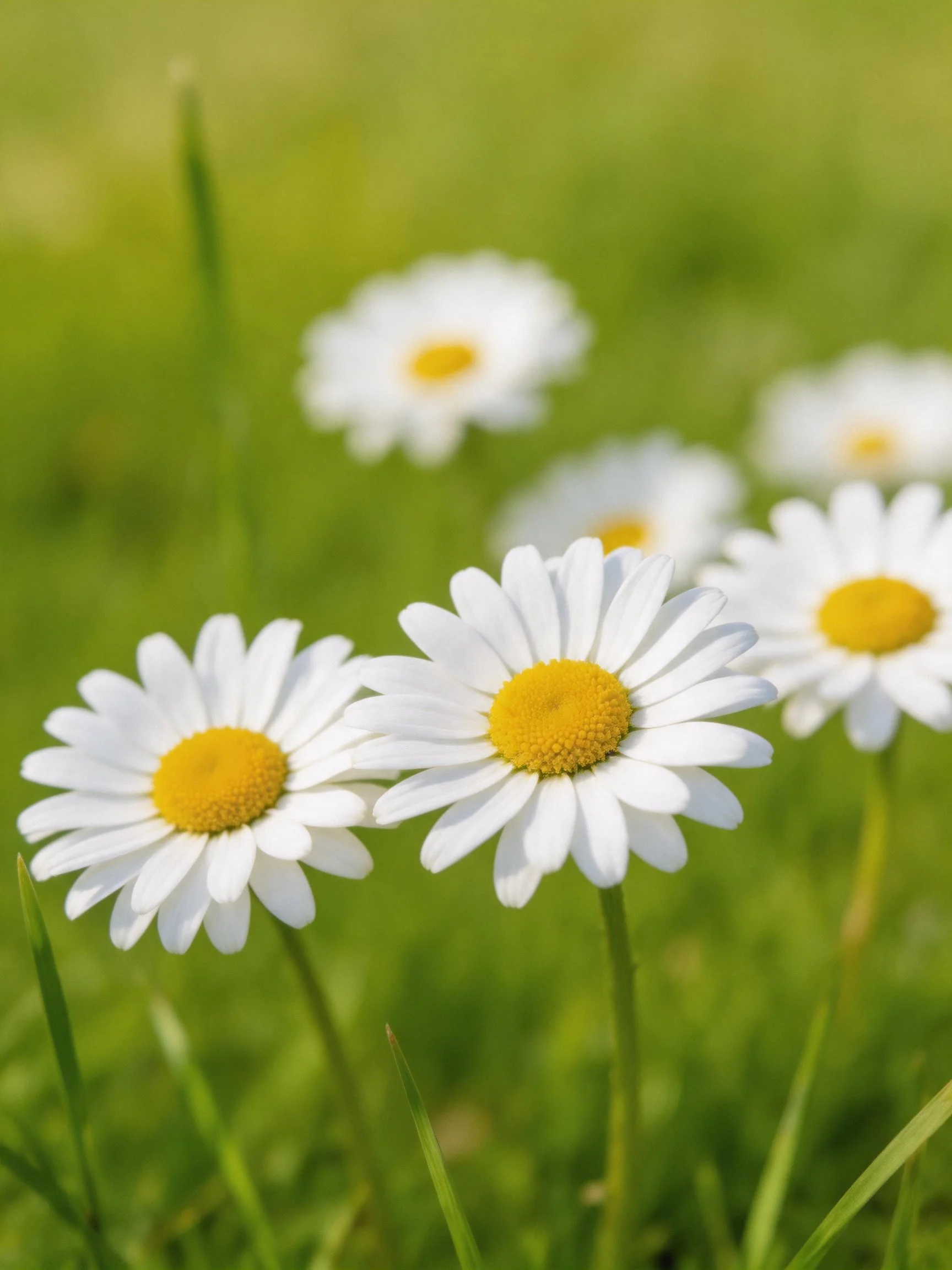 Several white daisies with yellow centers in green grass