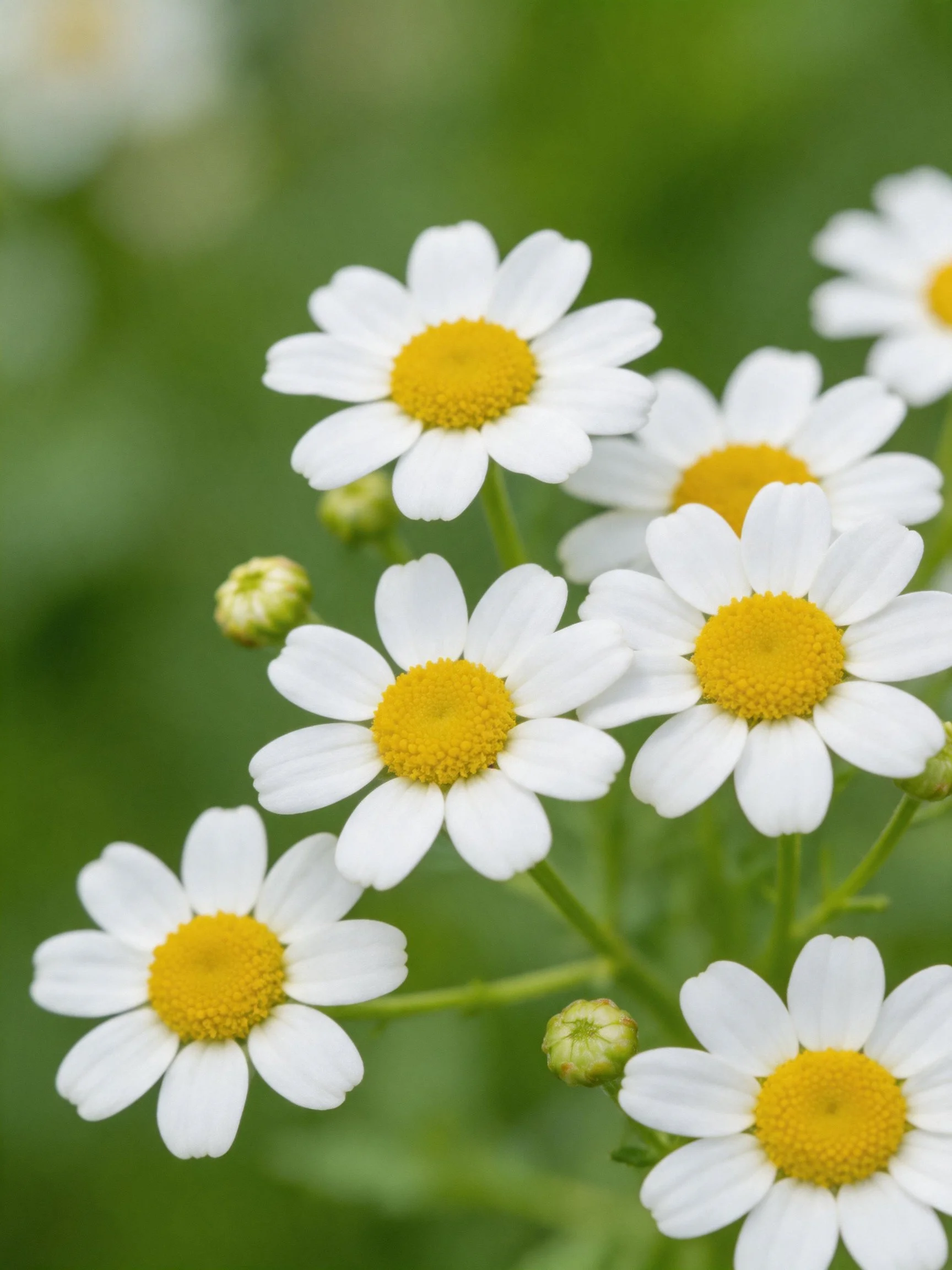 Several white daisy flowers with yellow centers amidst green foliage
