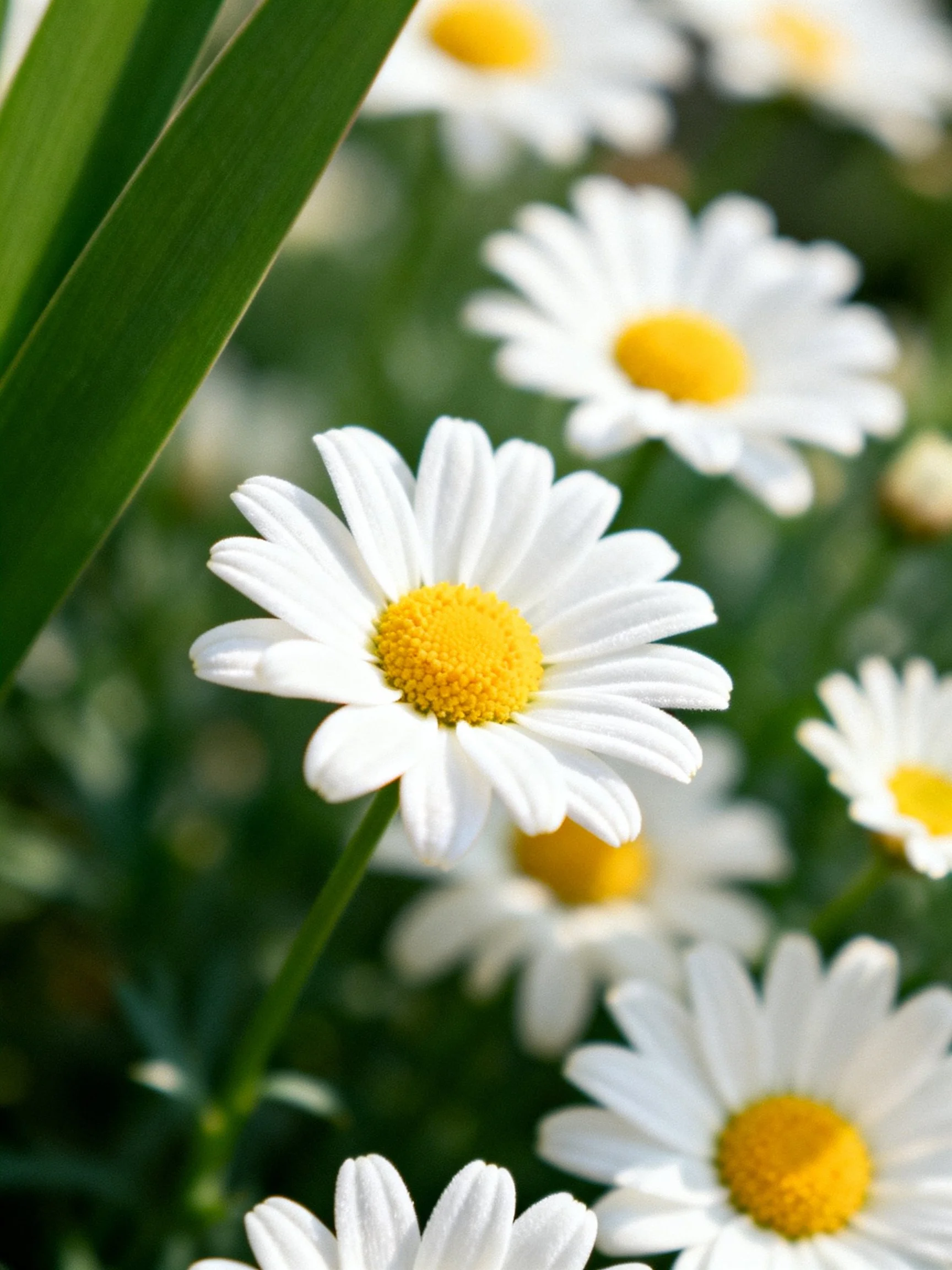 Several white daisy flowers with yellow centers amidst green foliage