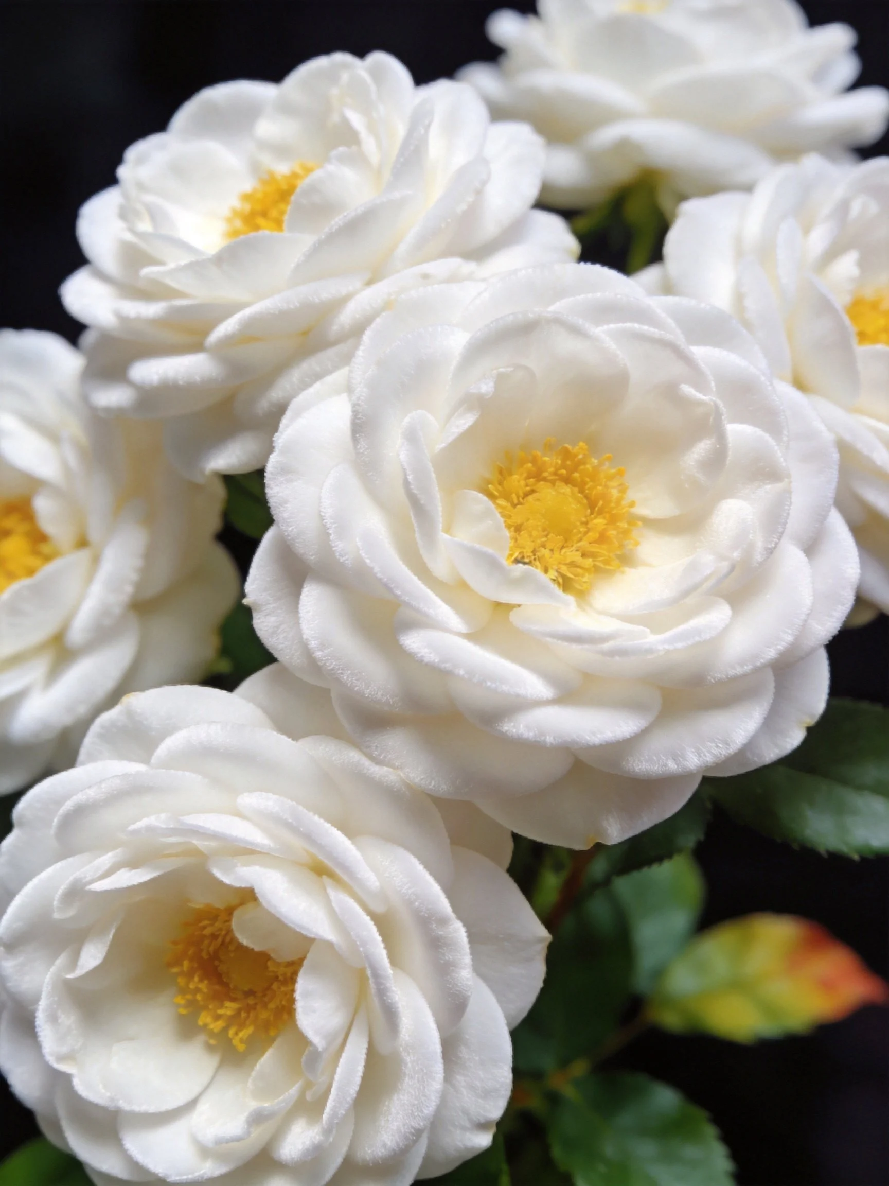 Several white roses with vibrant yellow centers and green leaves