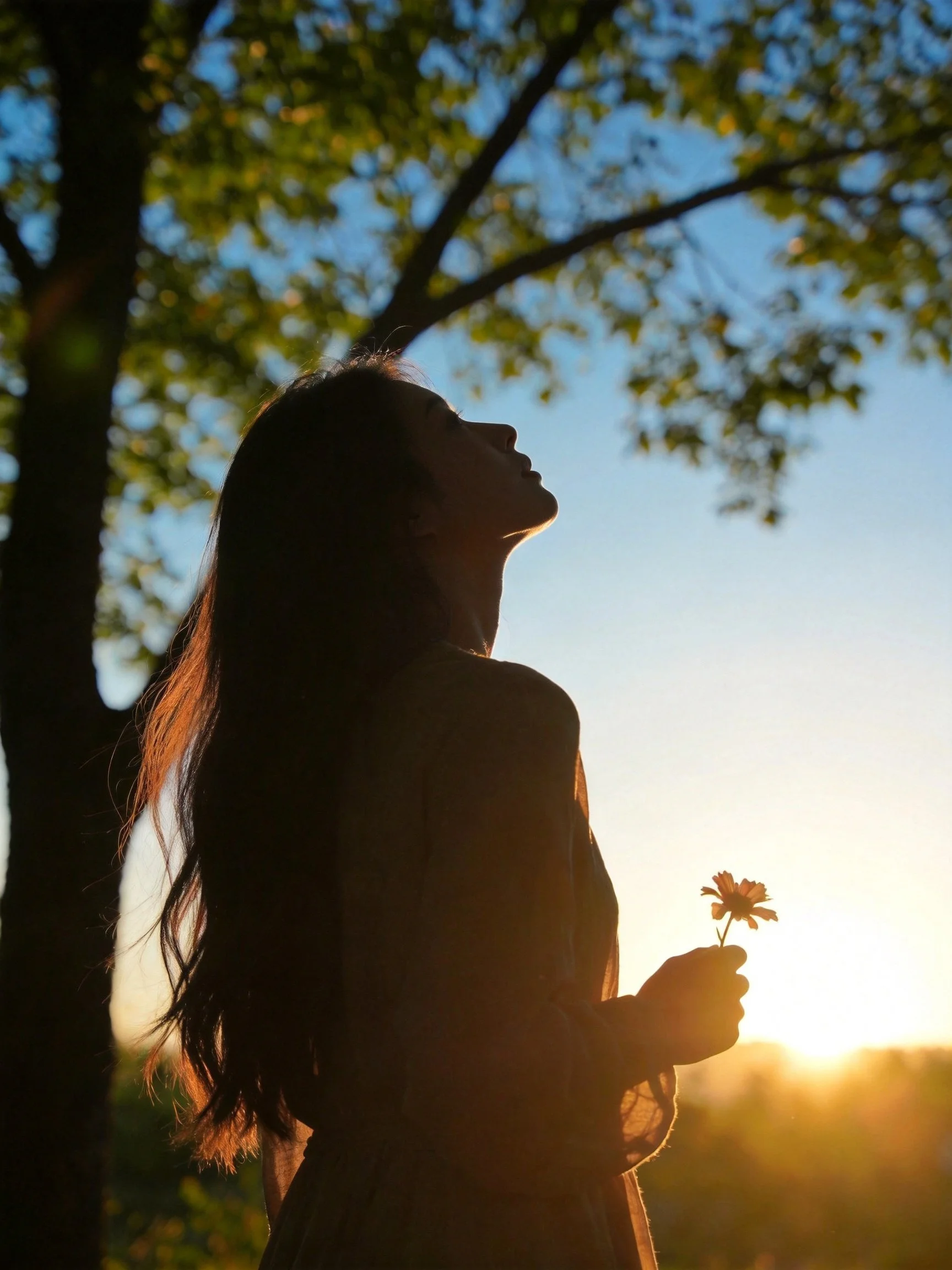 Silhouetted Woman Holding Flower Under Sunset Light