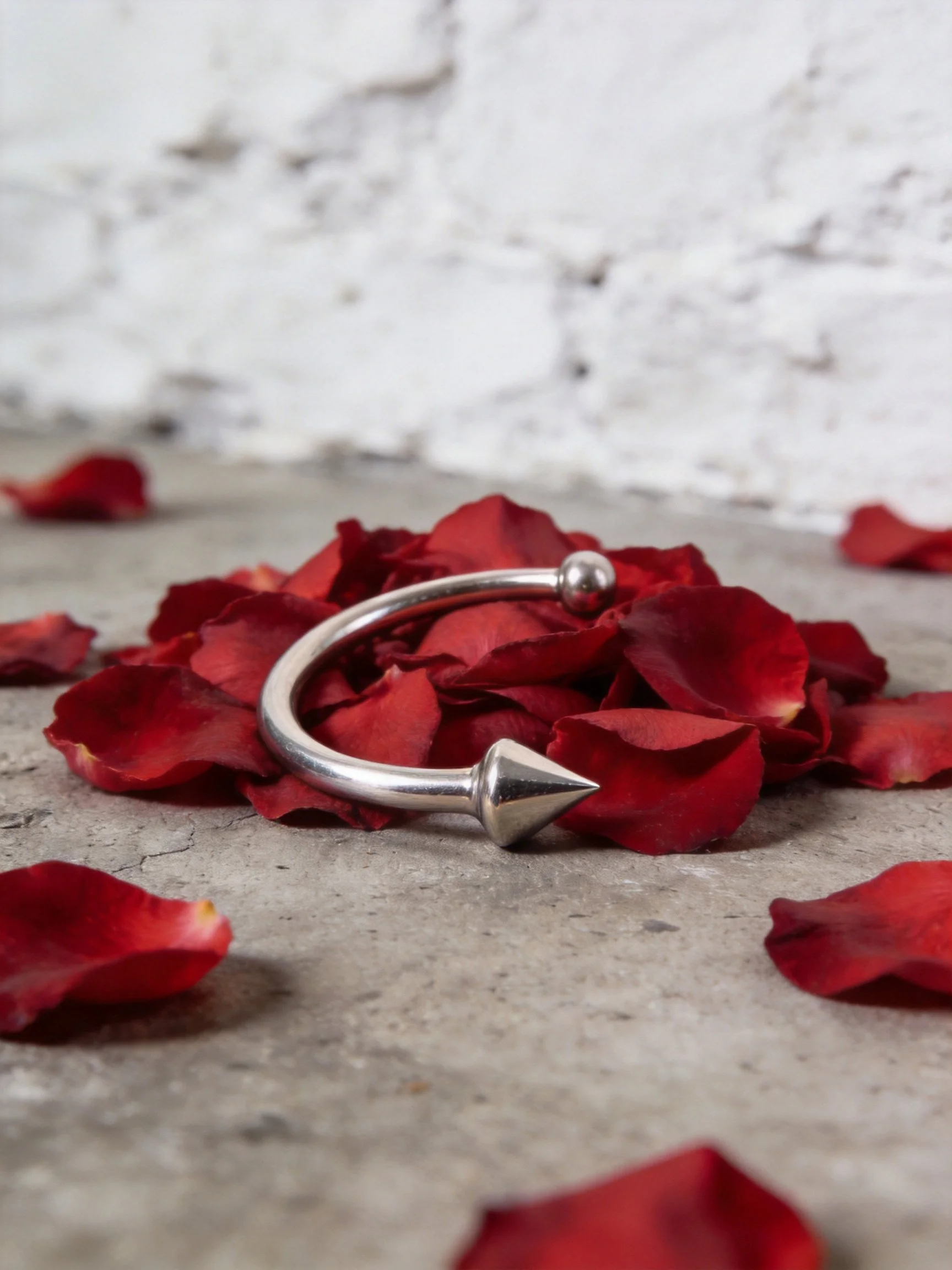 Silver spiked hoop earring among scattered red rose petals