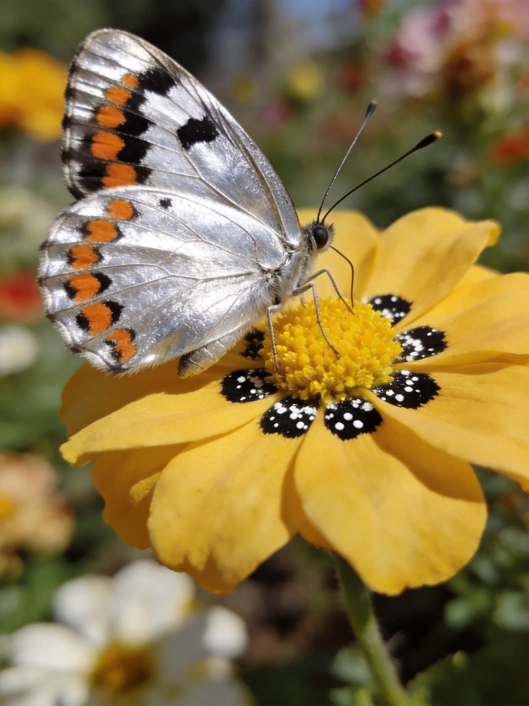 Silver-spotted butterfly resting on vibrant yellow flower