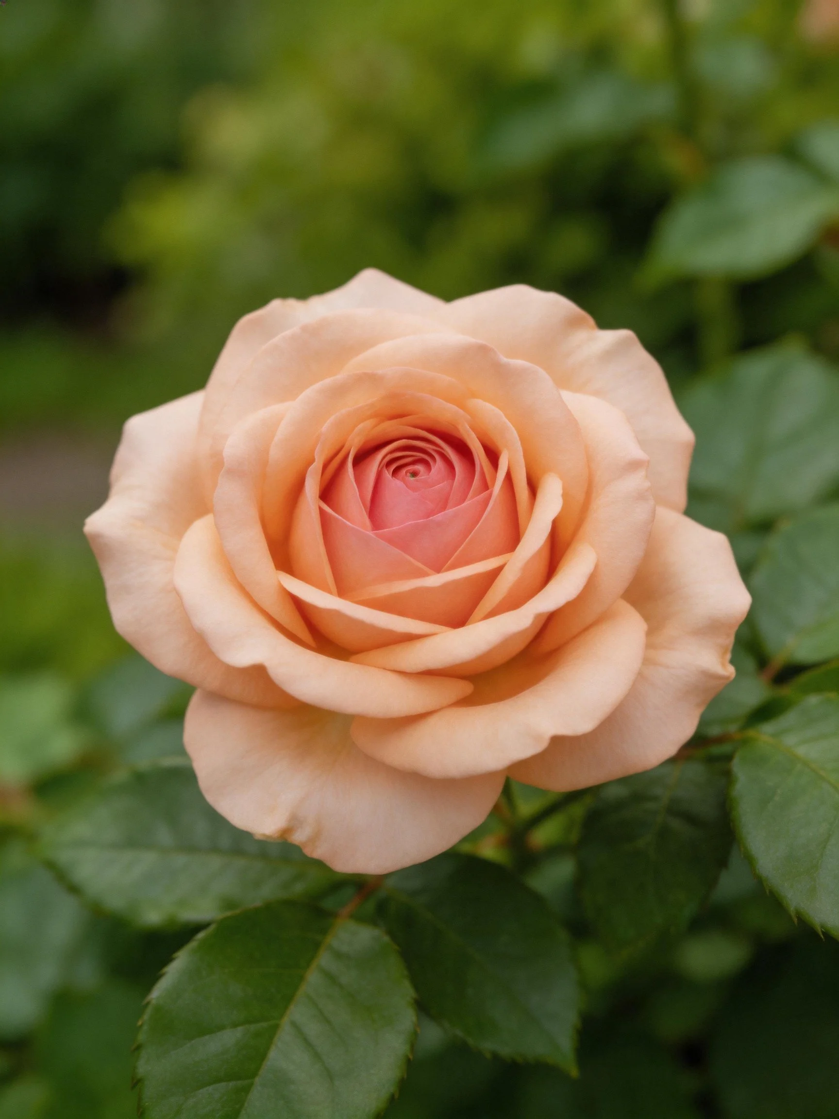 Single Peach Rose Blooms Among Green Foliage