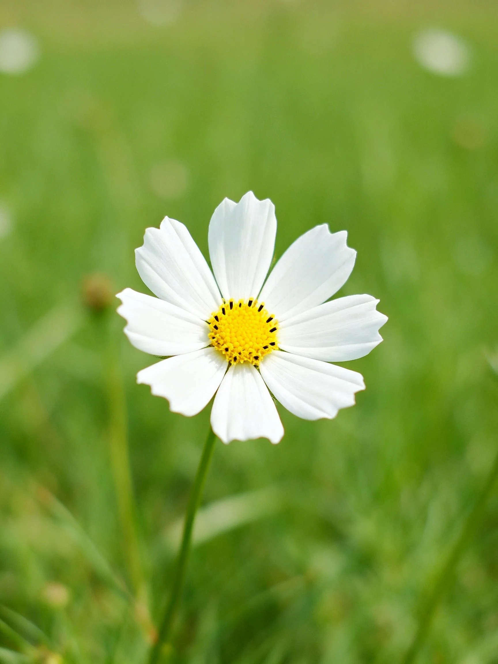 Single White Cosmos Flower with Yellow Center