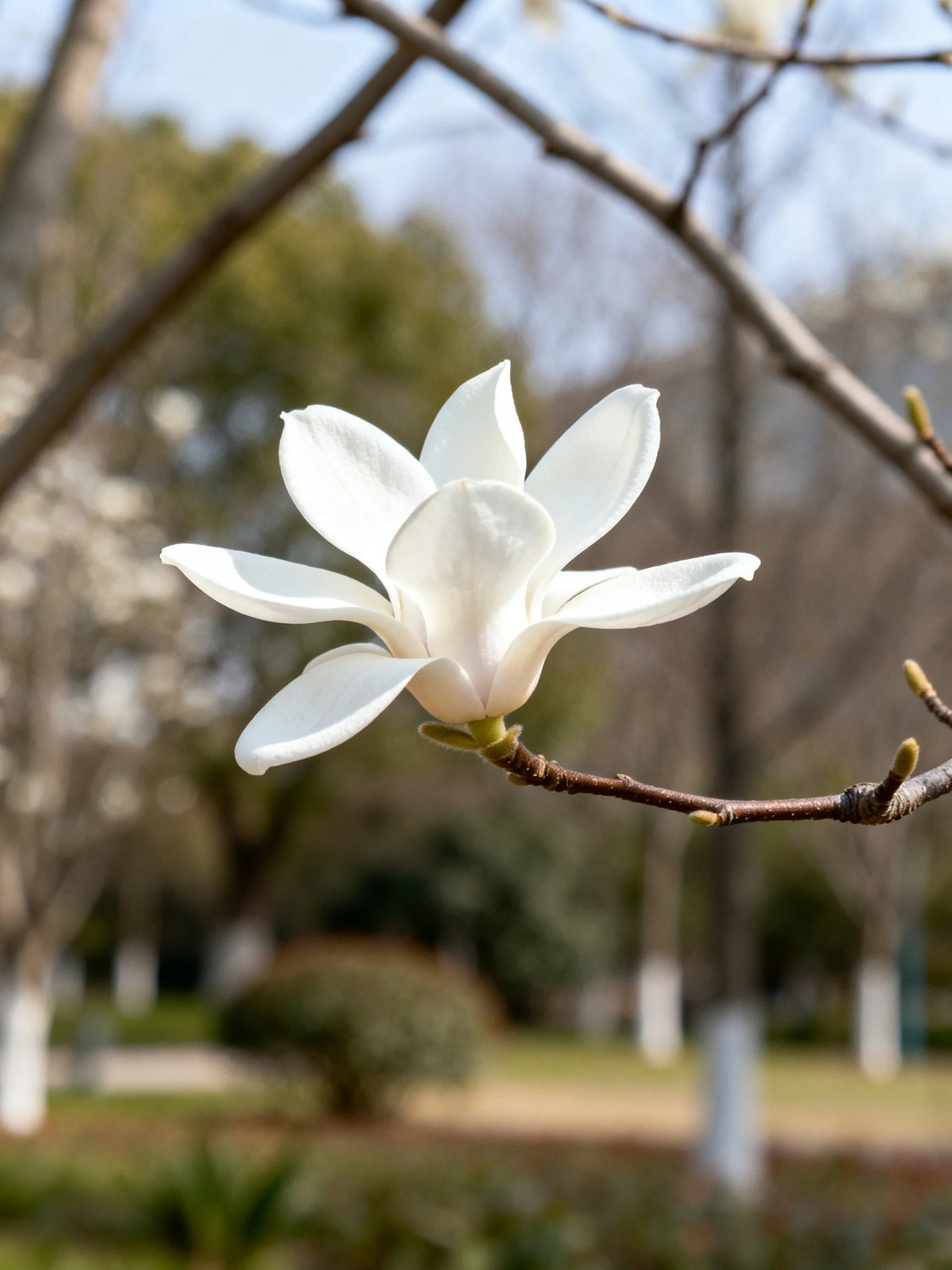 Single White Magnolia Bloom on a Tree Branch