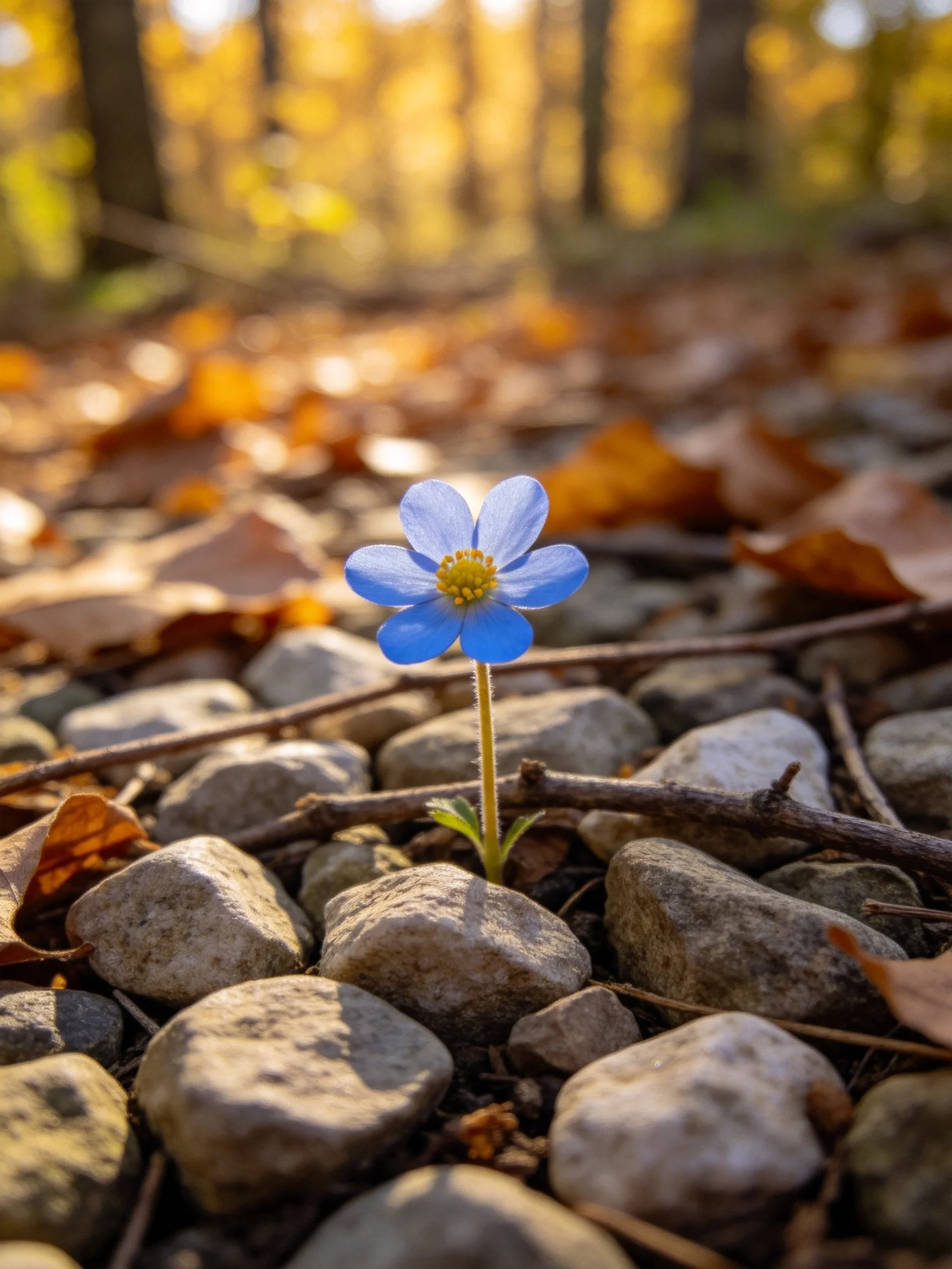 Single blue flower amidst pebbles, dry leaves, and forest backdrop