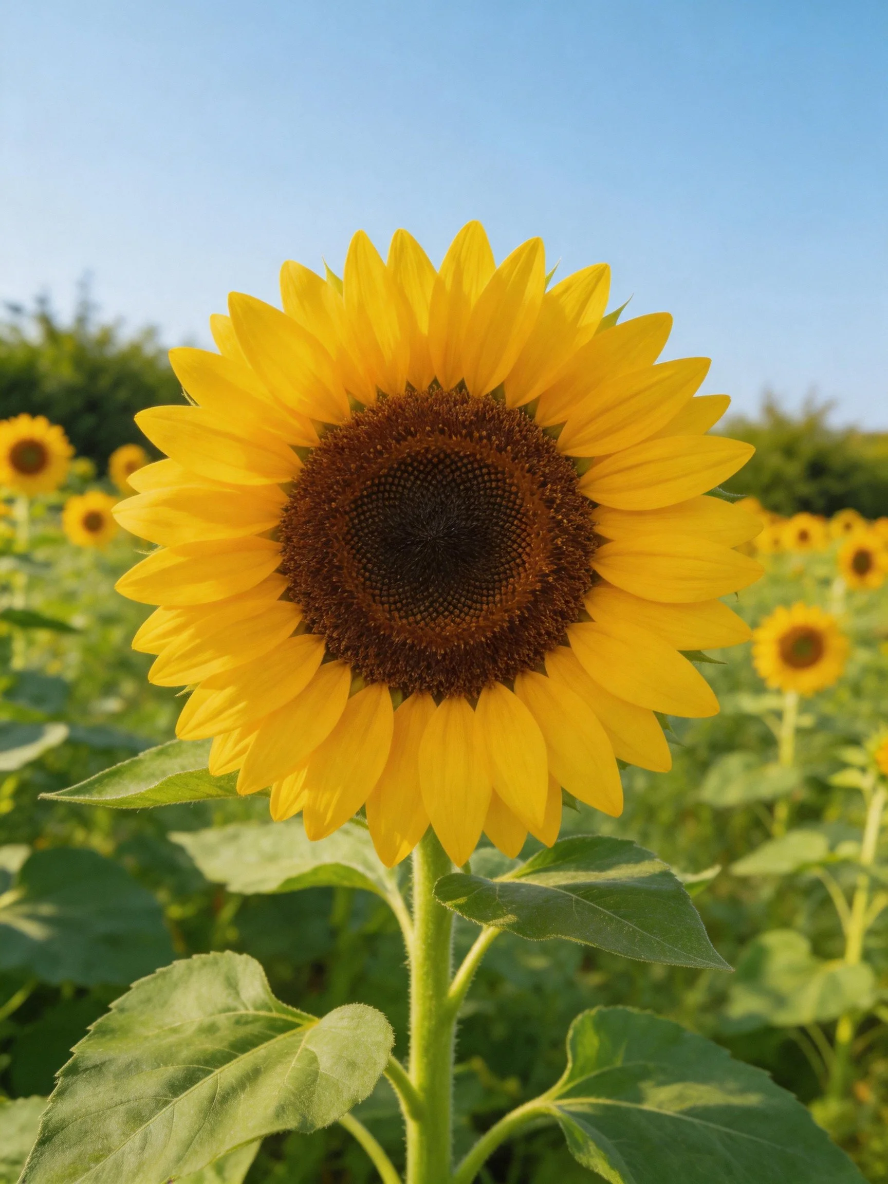 Single bright sunflower centered in sunflower field