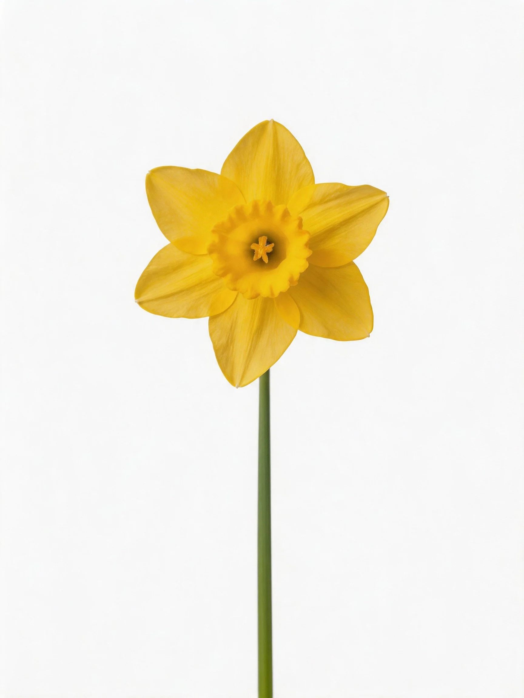 Single bright yellow daffodil with six petals, green stem, plain white background