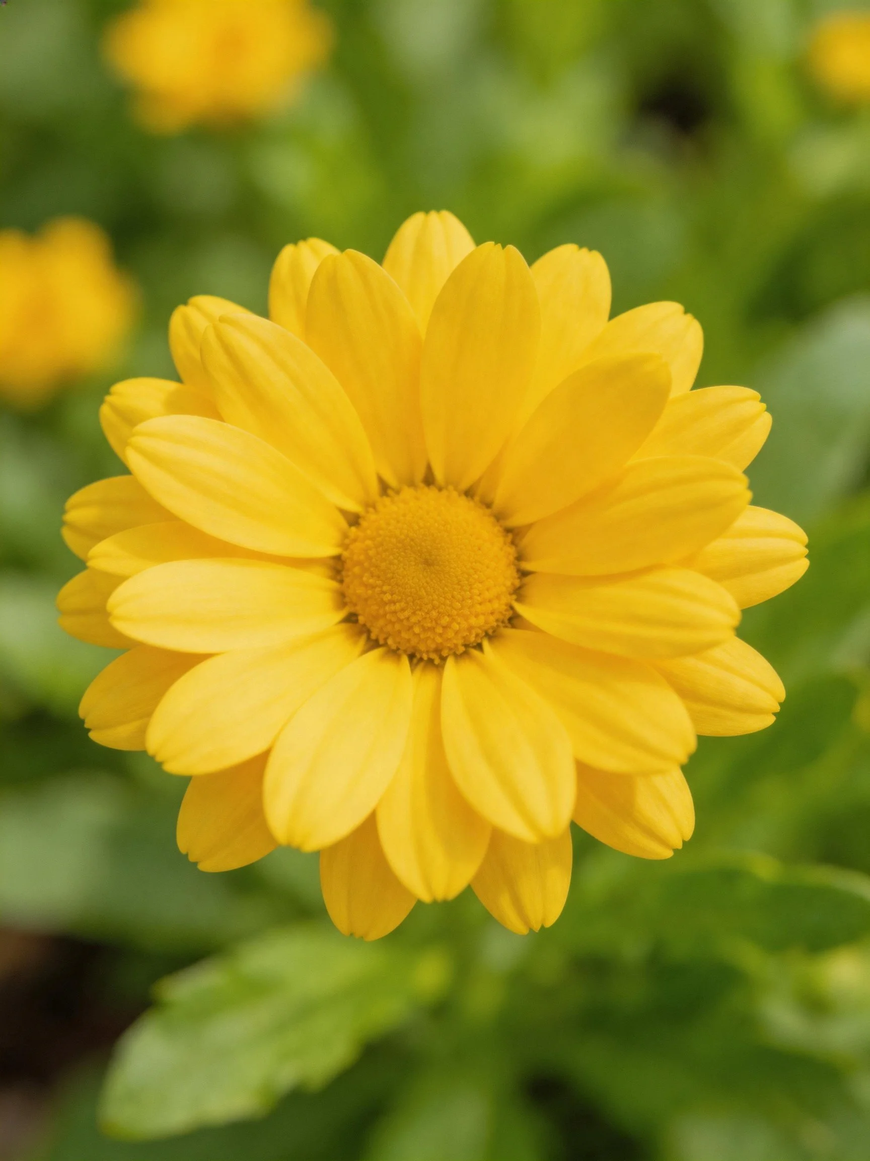 Single bright yellow daisy with layered petals and green backdrop