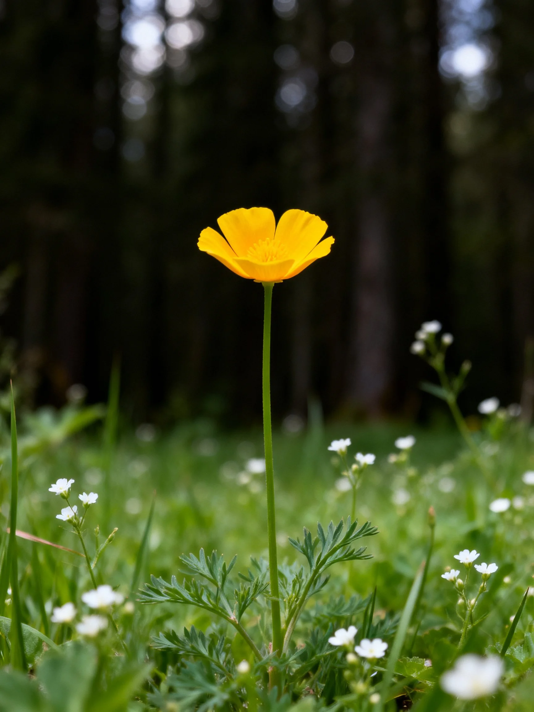 A single bright yellow flower stands among small white flowers in a lush meadow near dark trees.