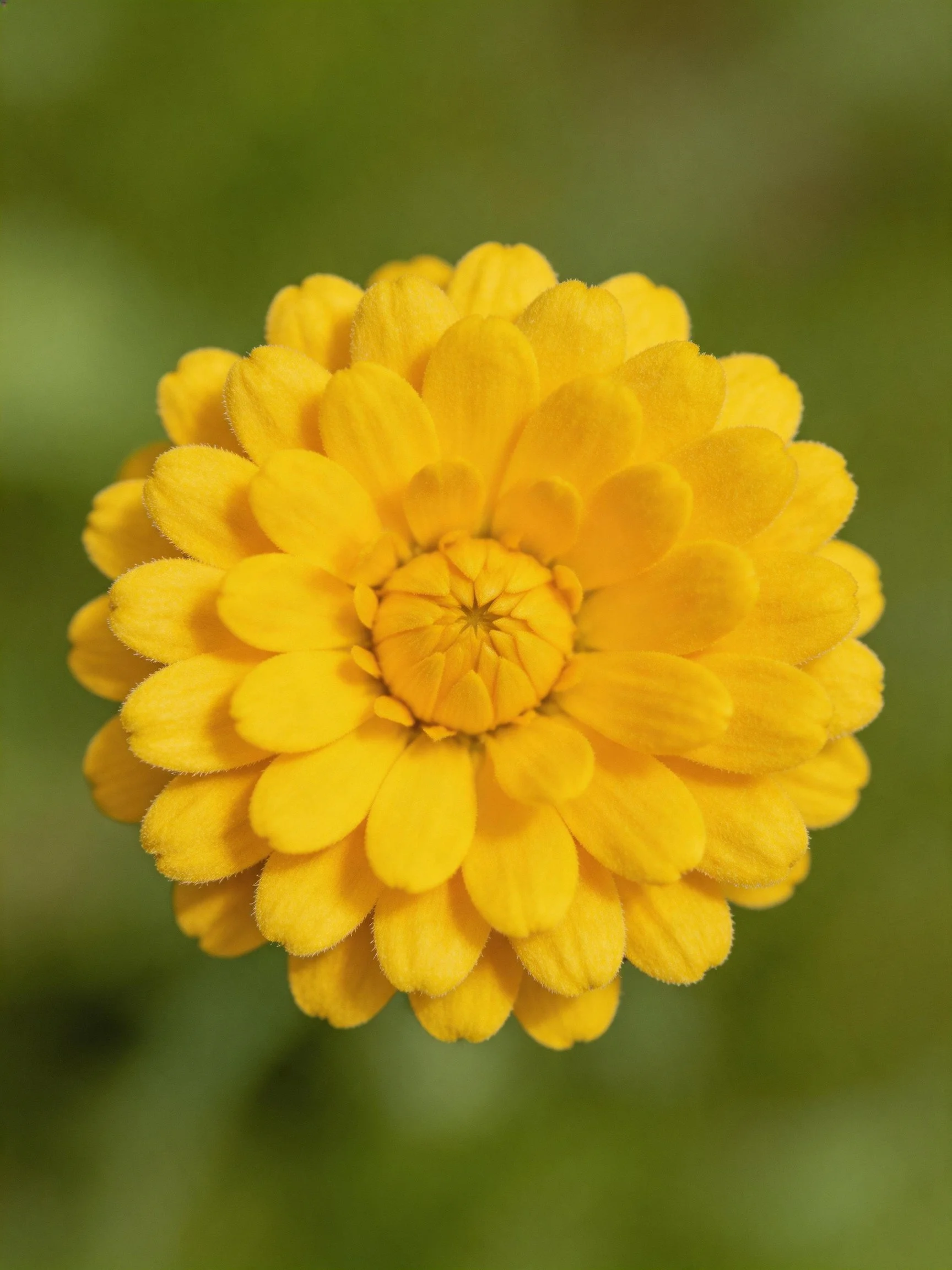 A single bright yellow flower with layered petals stands out against a blurred green background.