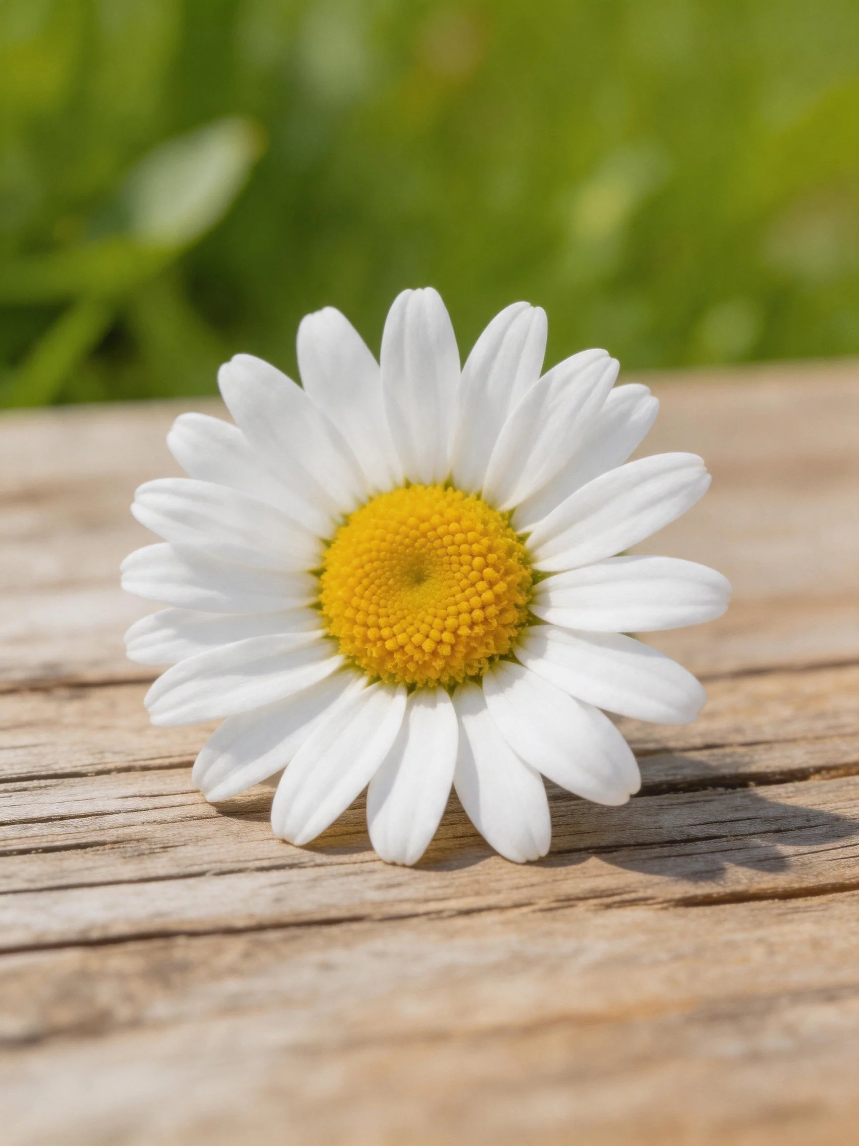 Single daisy flower with white petals and yellow center on wooden planks