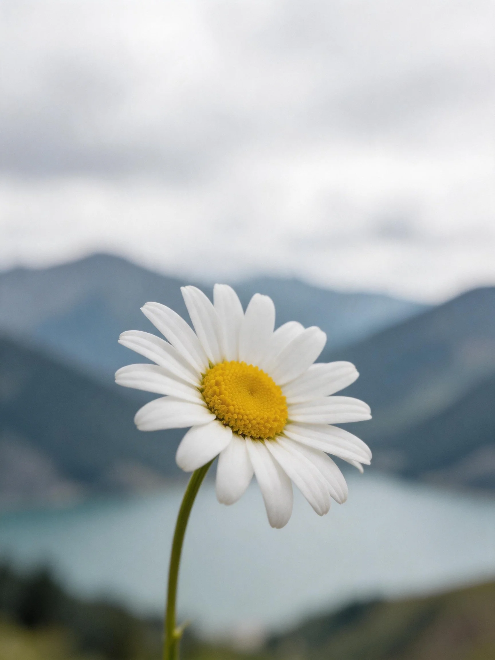 Single daisy flower with white petals near misty mountain landscape