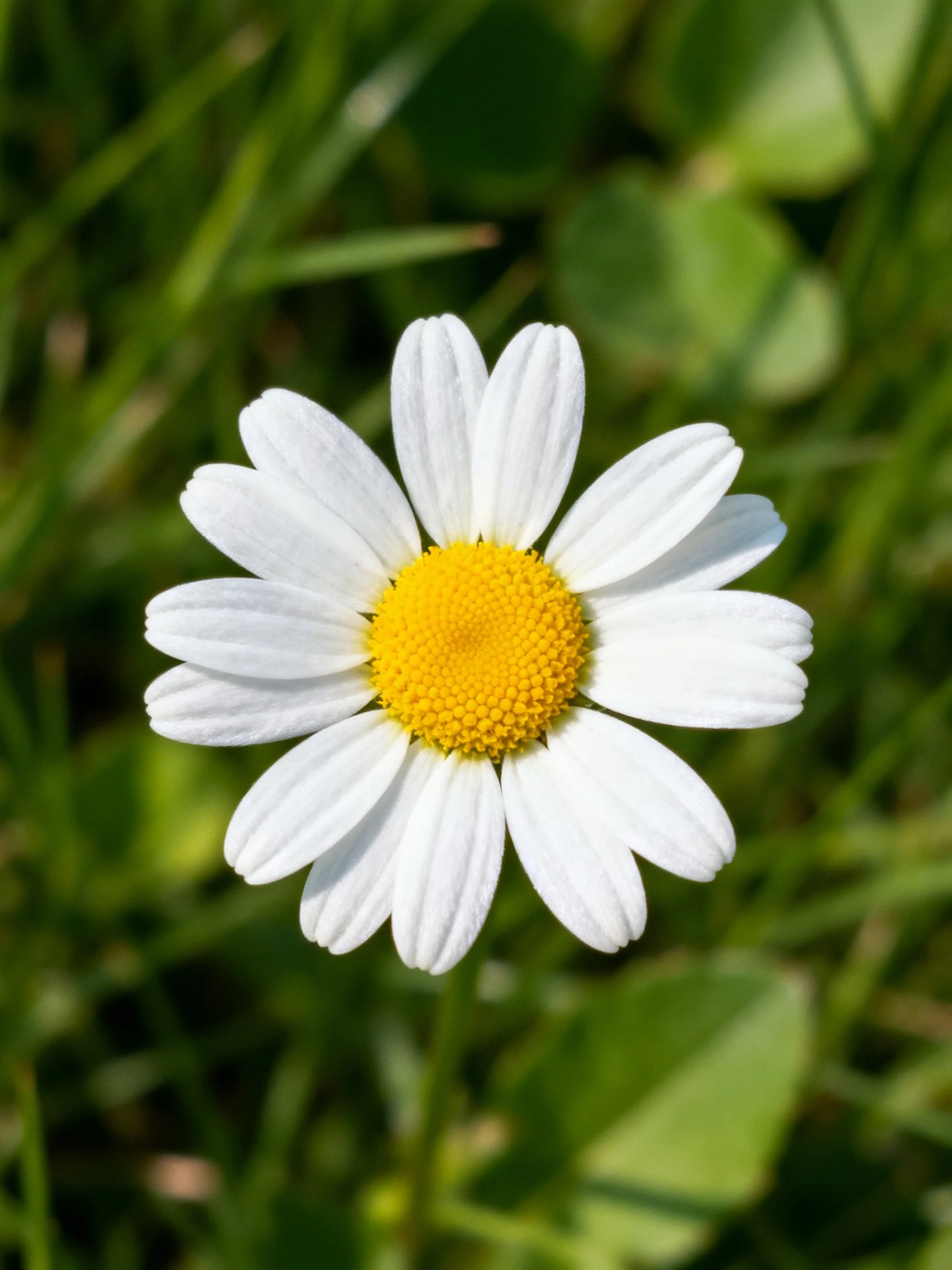 Single daisy with white petals and yellow center amid green foliage
