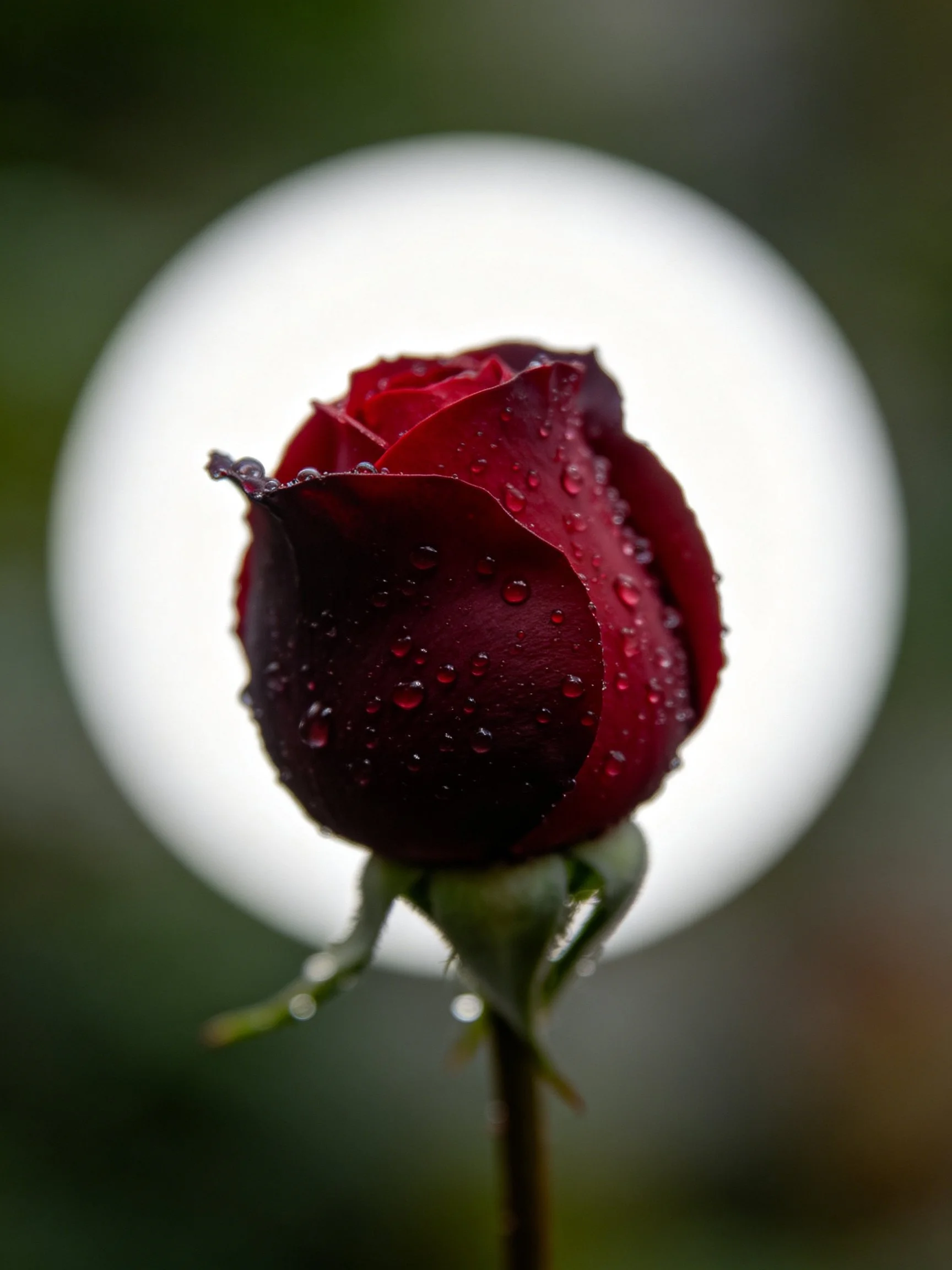 Single dark red rosebud with water droplets, blurred background