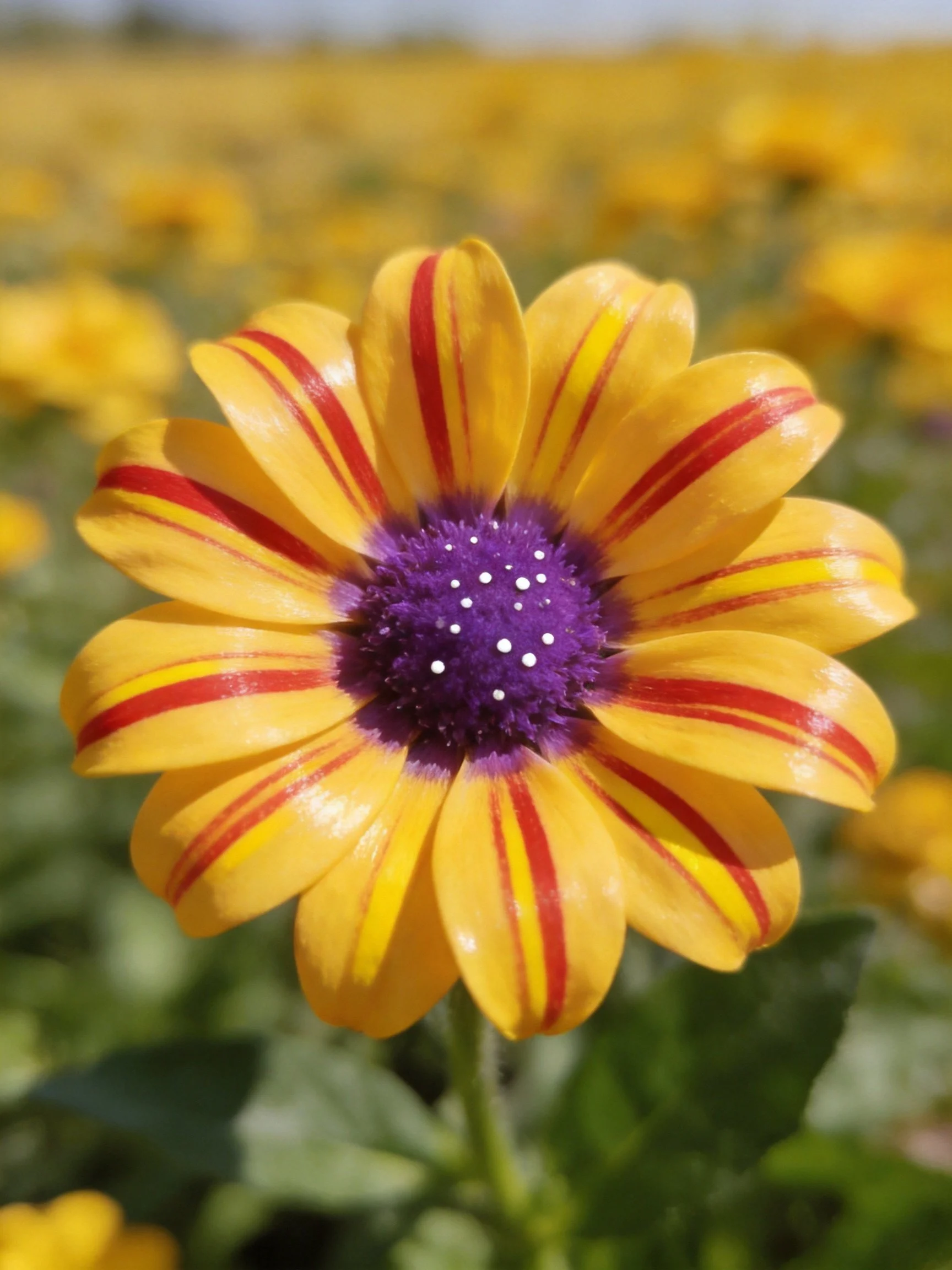 Single flower with yellow striped petals and purple center