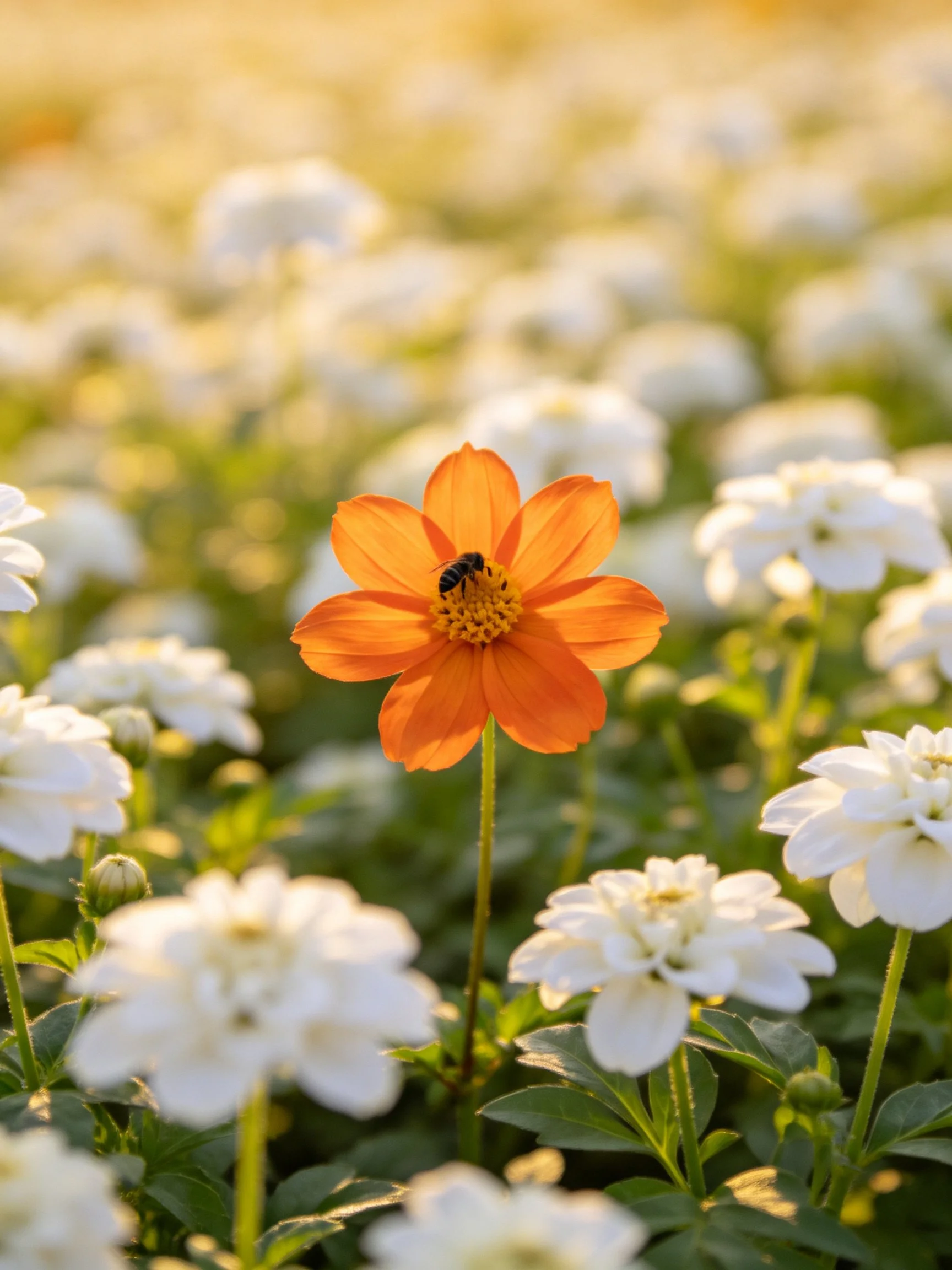 Single orange flower with a bee amid white blossoms