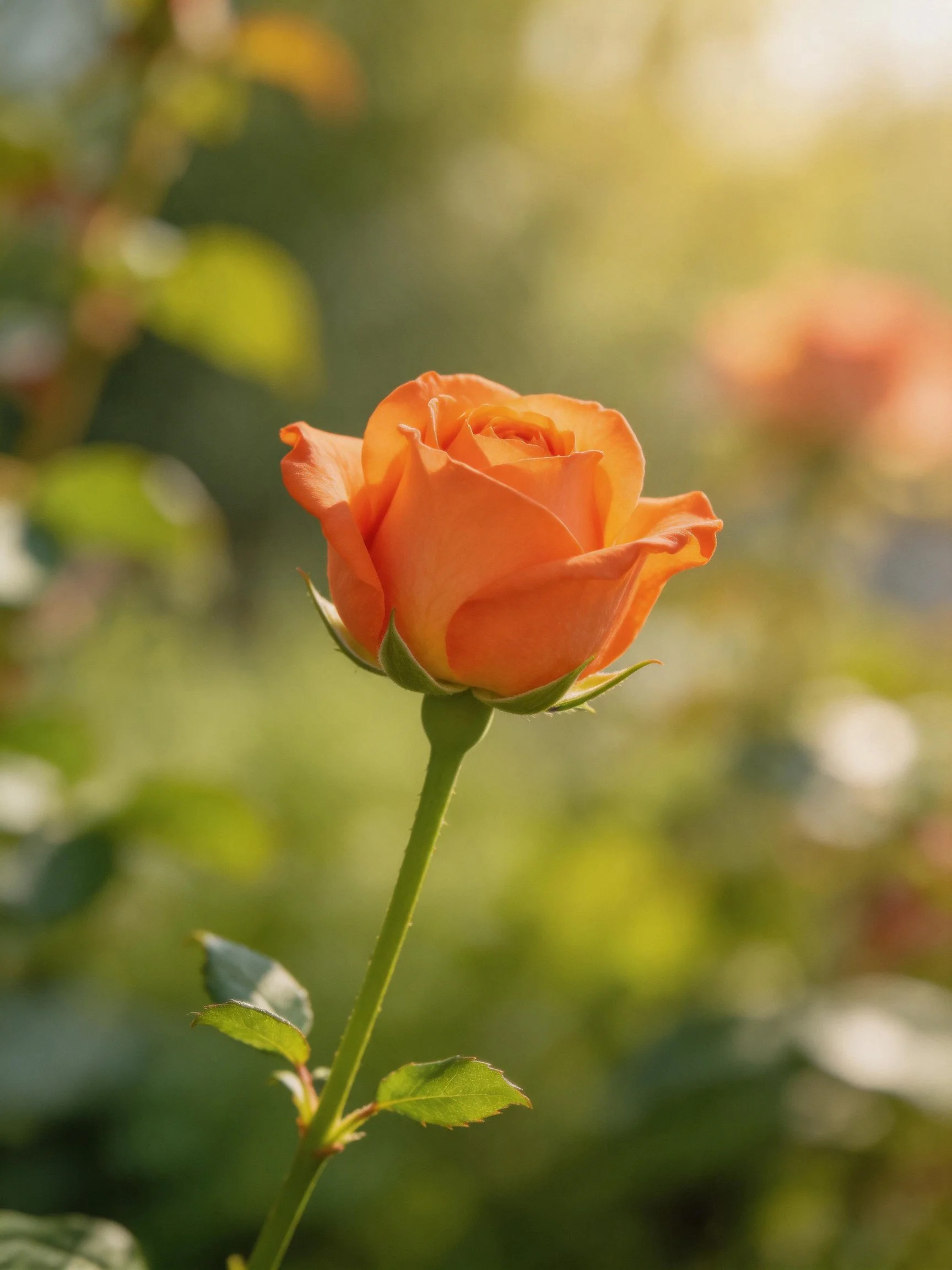 Single orange rose in sharp focus with blurred green backdrop