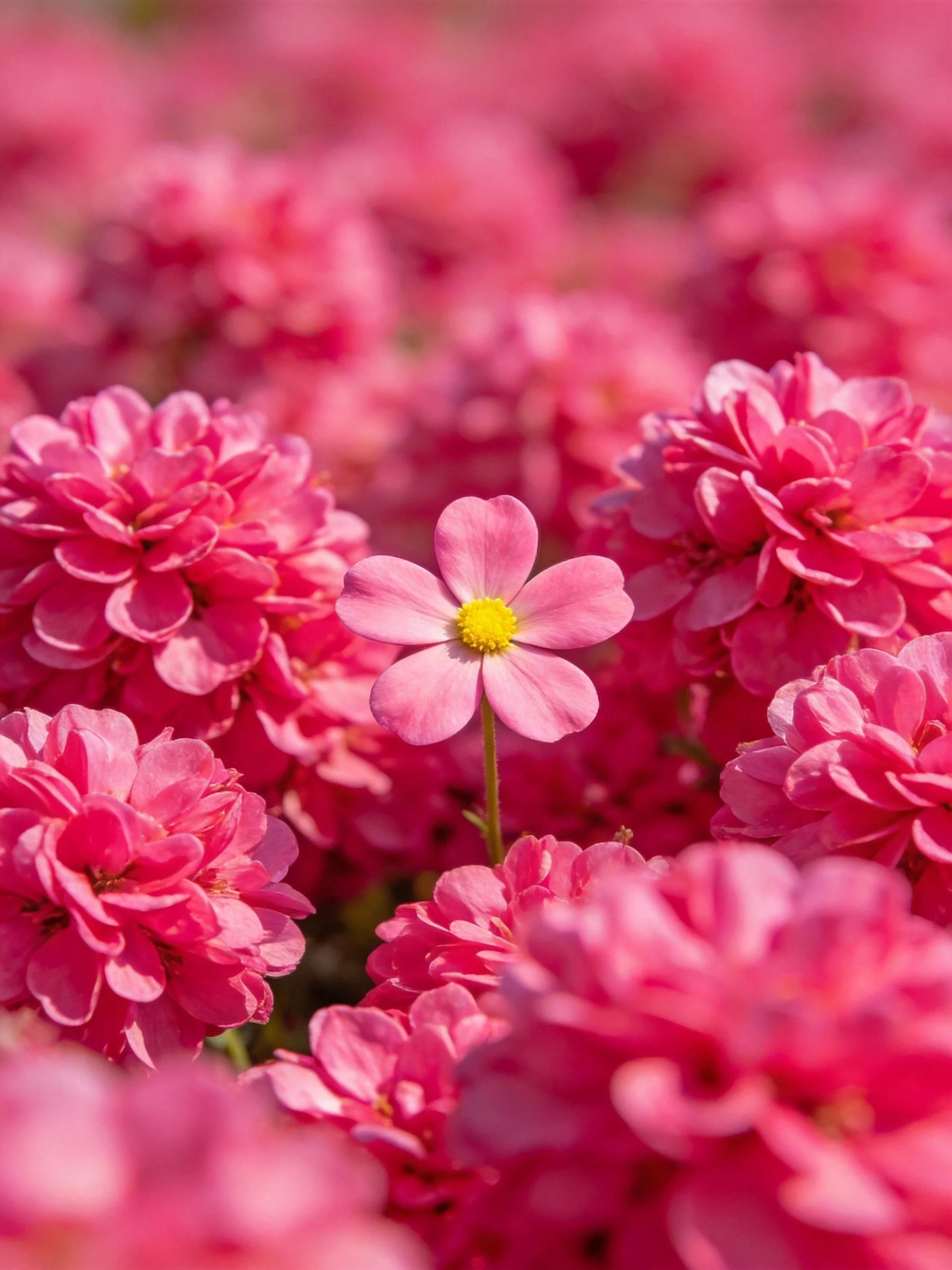 Single pale pink flower amidst dense clusters of vibrant pink blooms