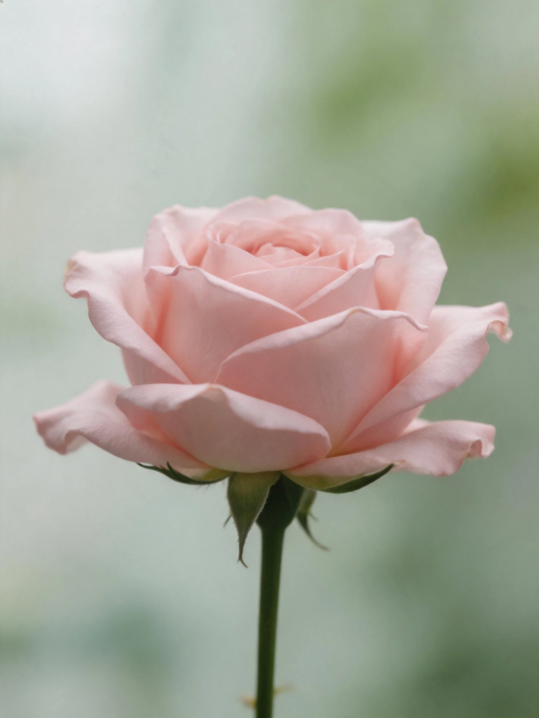 Single pale pink rose in close-up with soft blurred background