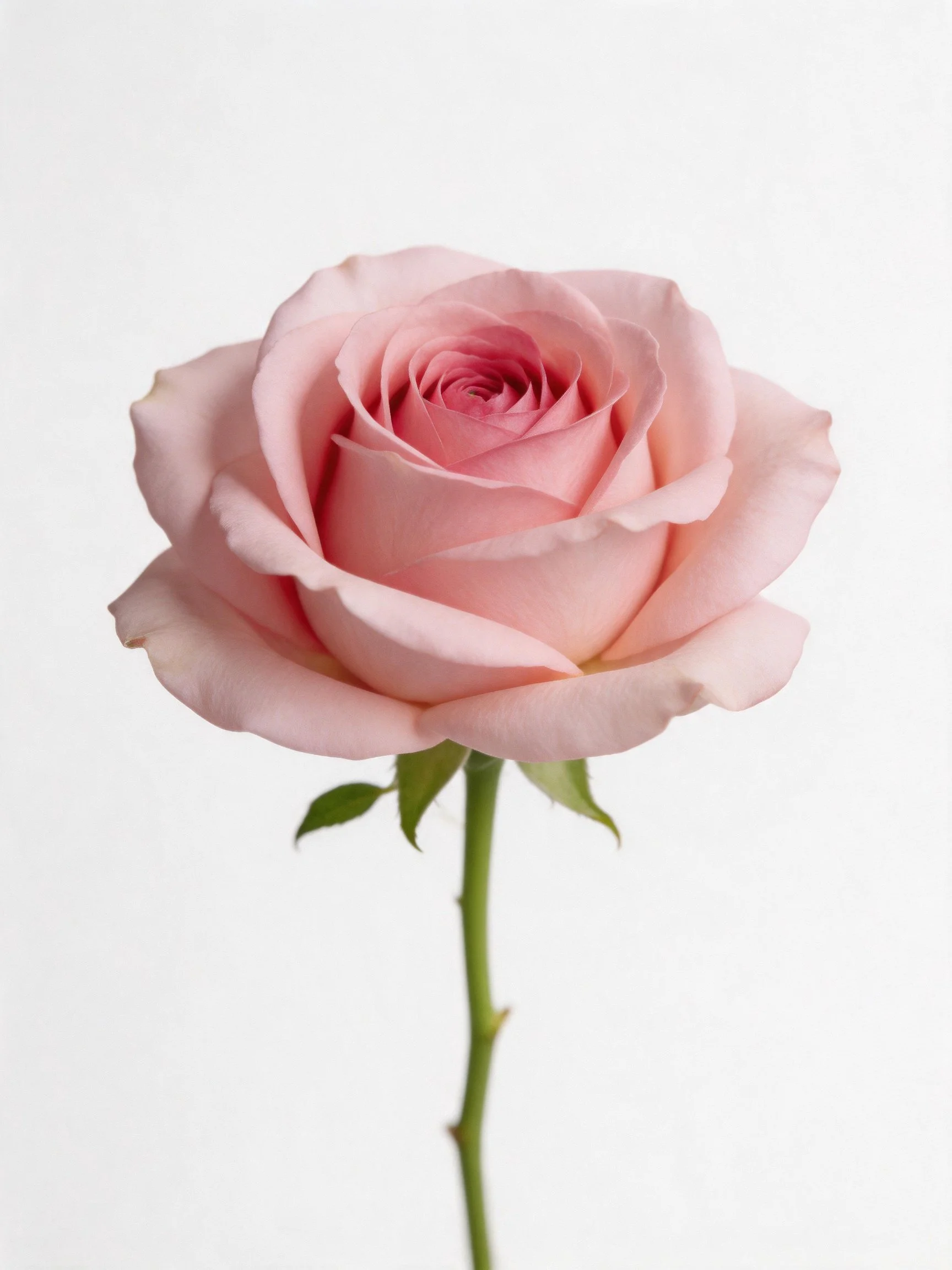 Single pale pink rose with green stem and leaves