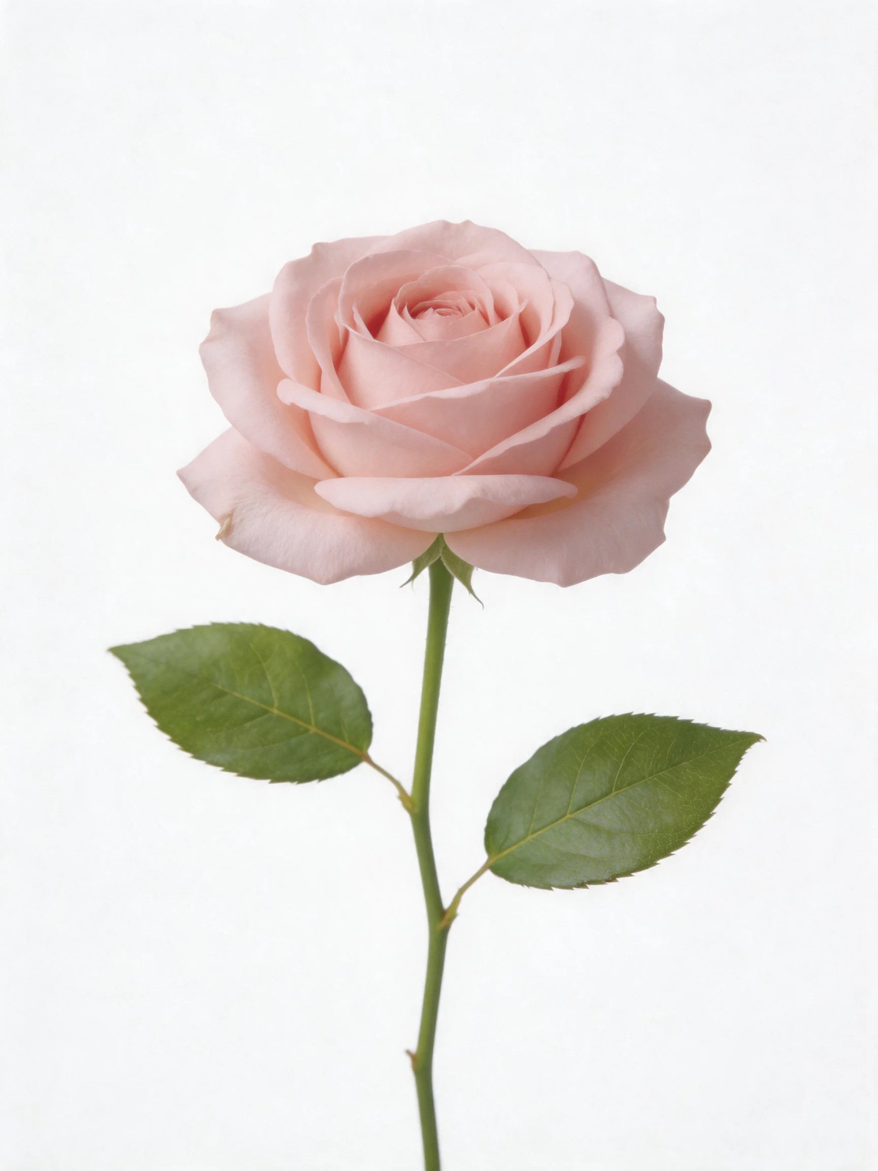 Single pale pink rose with two green leaves on a stem