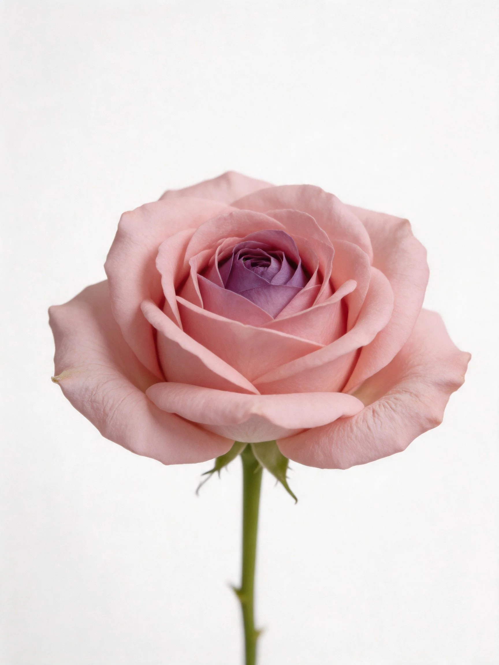 Single pastel pink rose with deep purple center