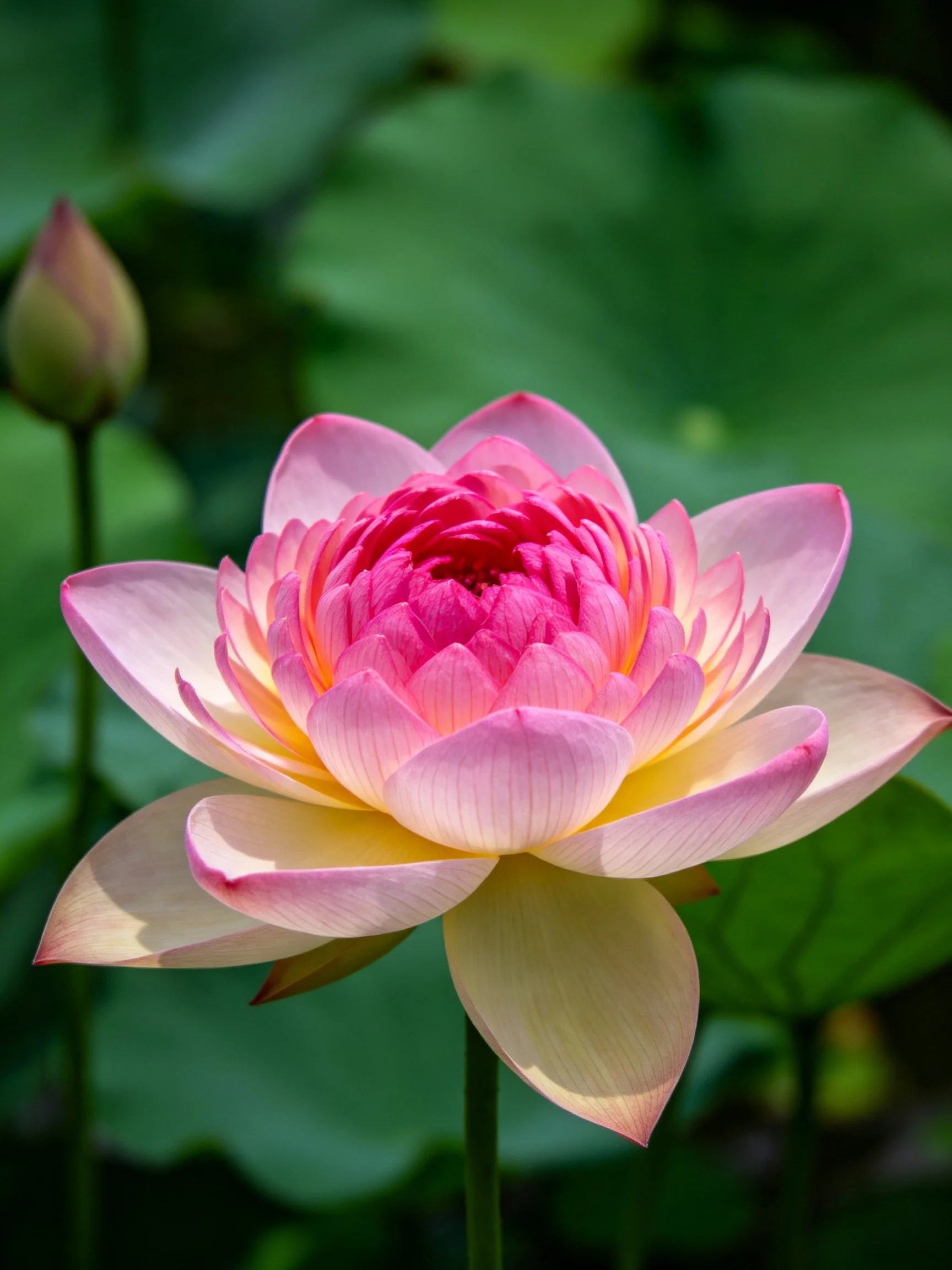 Single pink and yellow lotus blooms near a closed bud