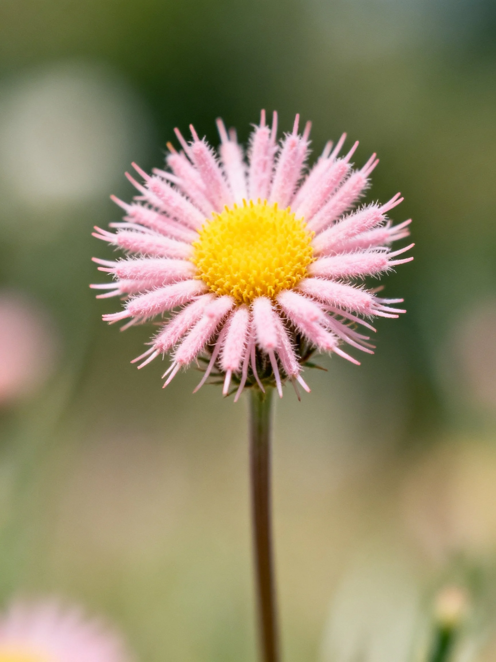 Single pink aster with fuzzy petals, bright yellow center