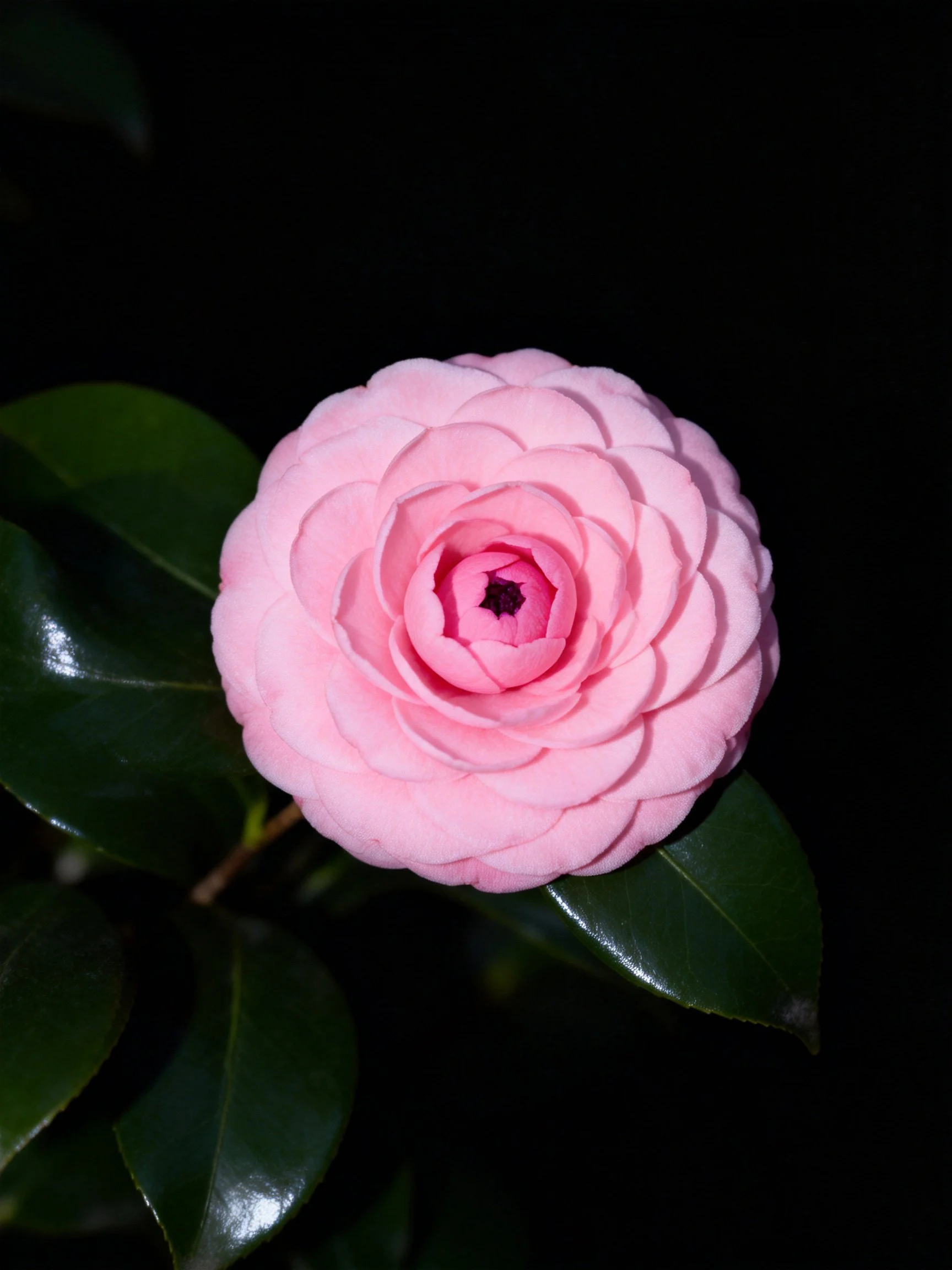 Single pink camellia flower with glossy dark green leaves