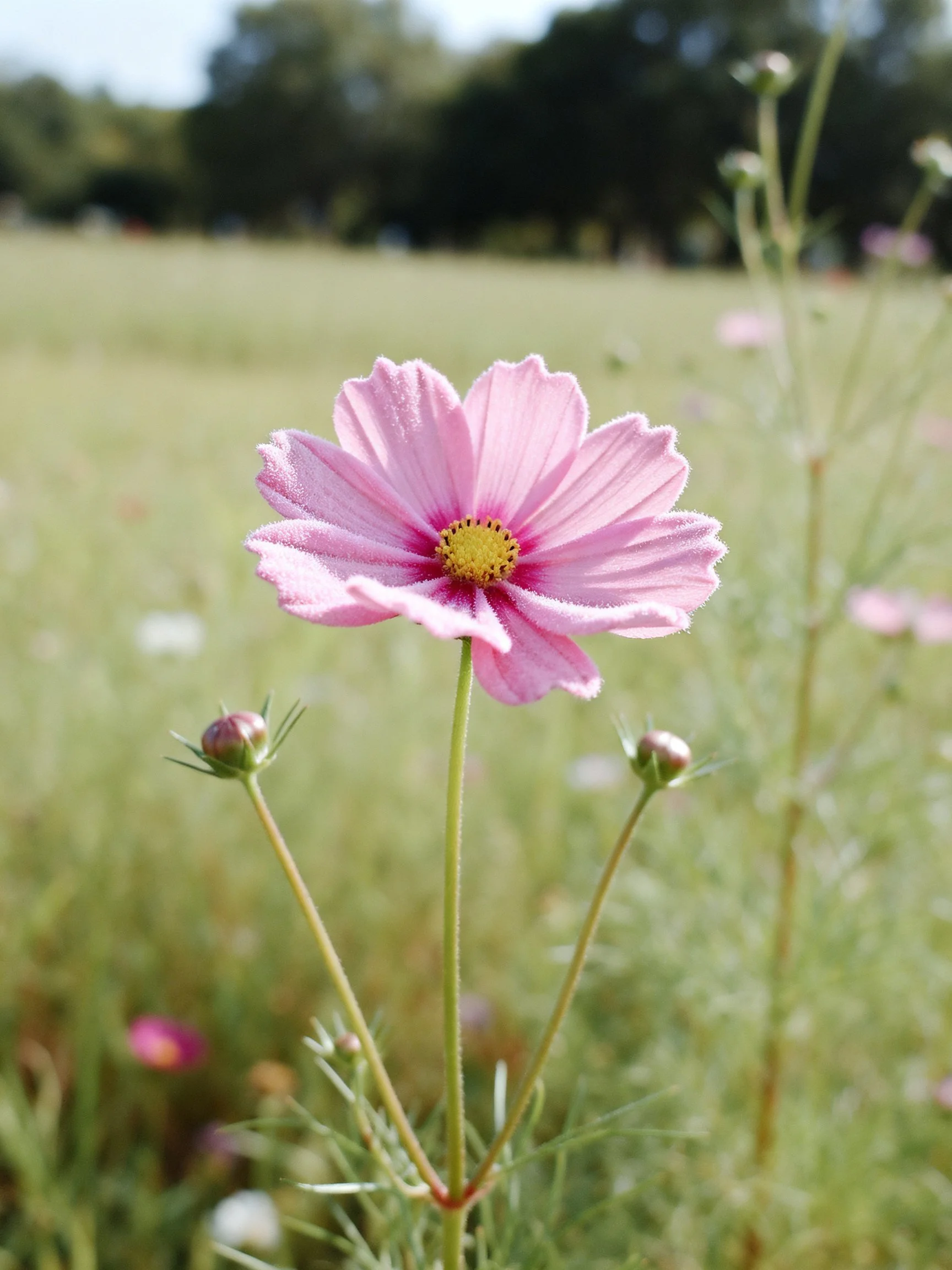 Single pink cosmos flower centered in a sunlit meadow