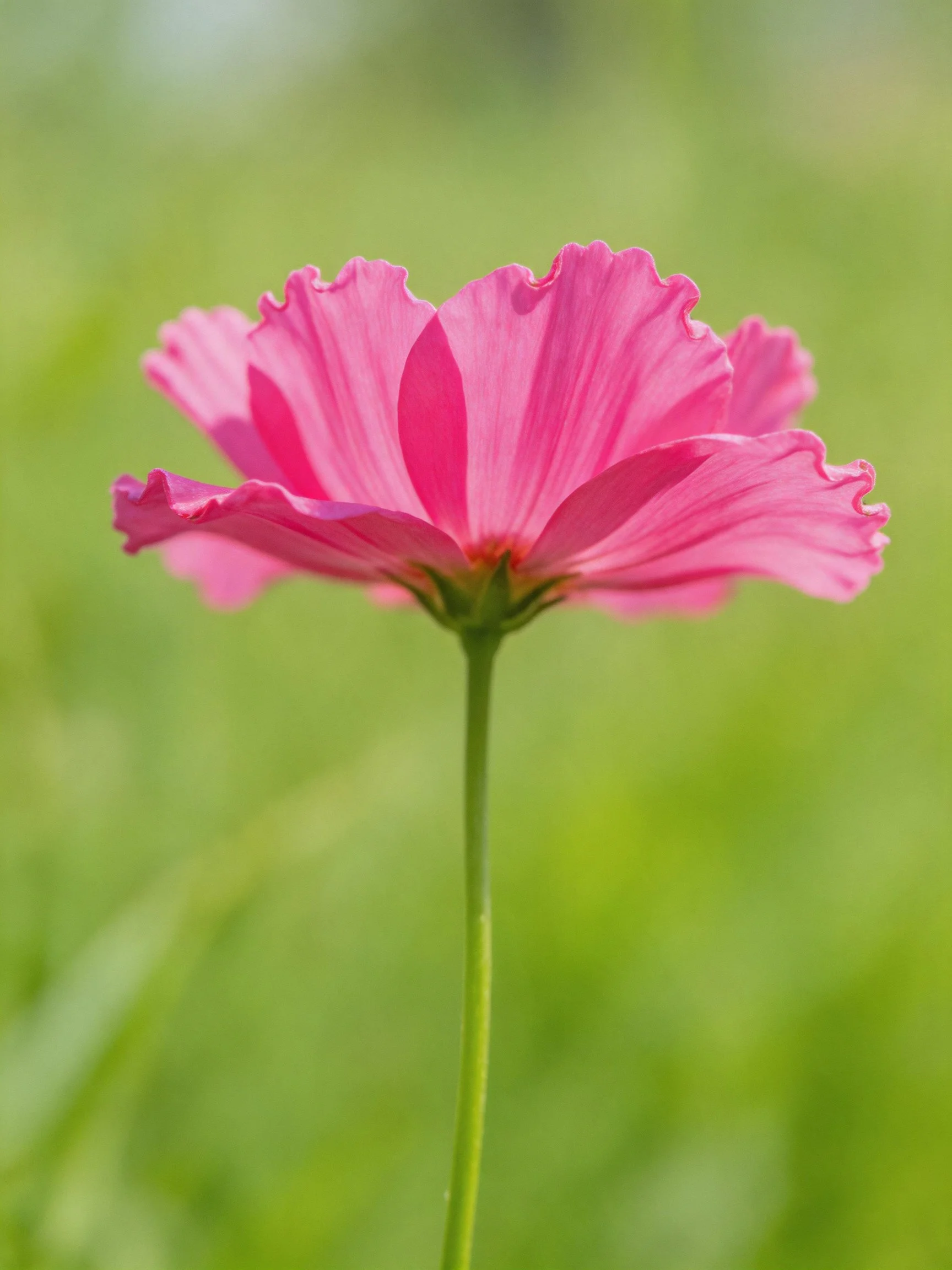Single pink cosmos flower with ruffled petals and slender green stem