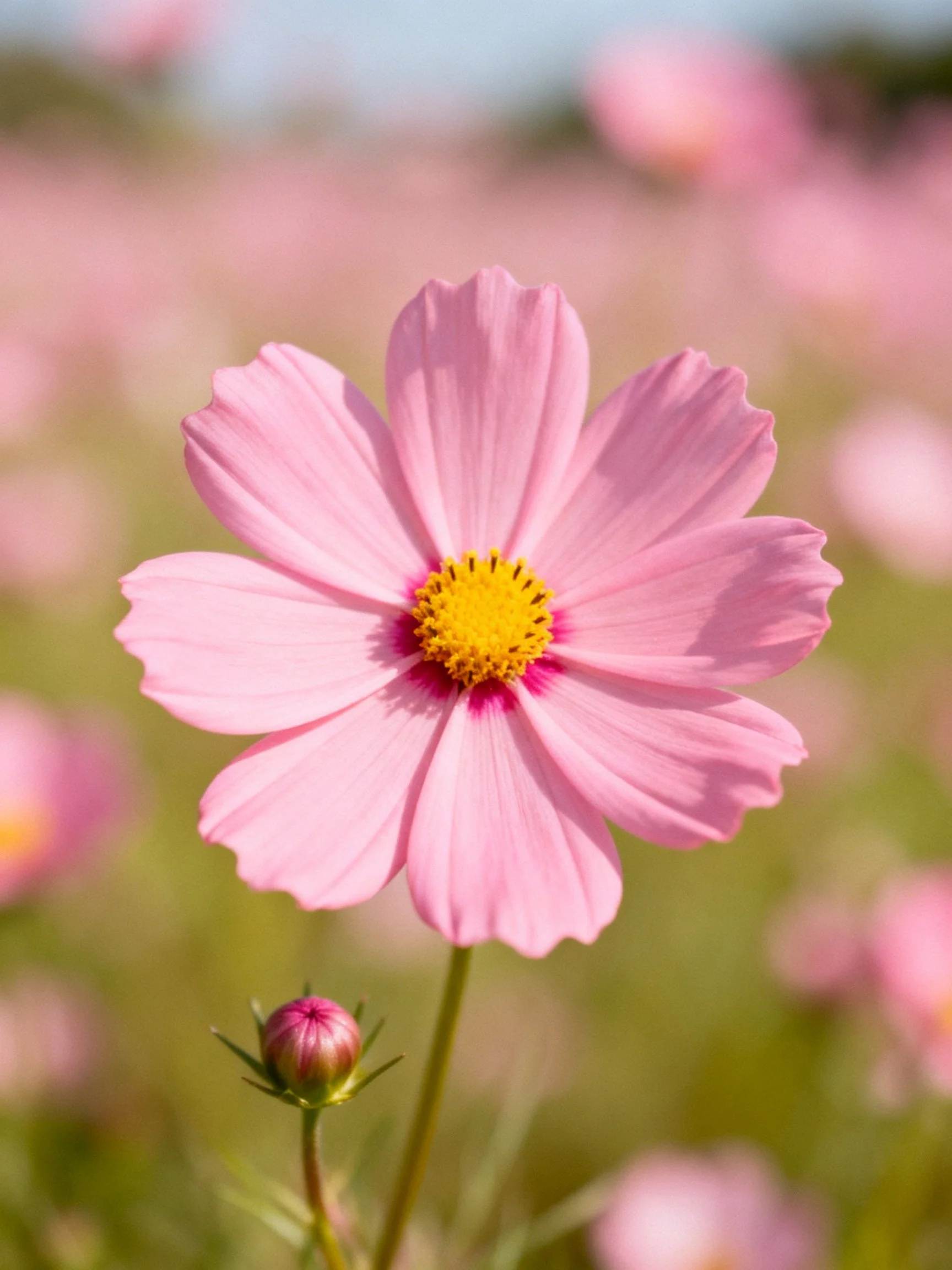 Single pink cosmos flower with yellow center and bud