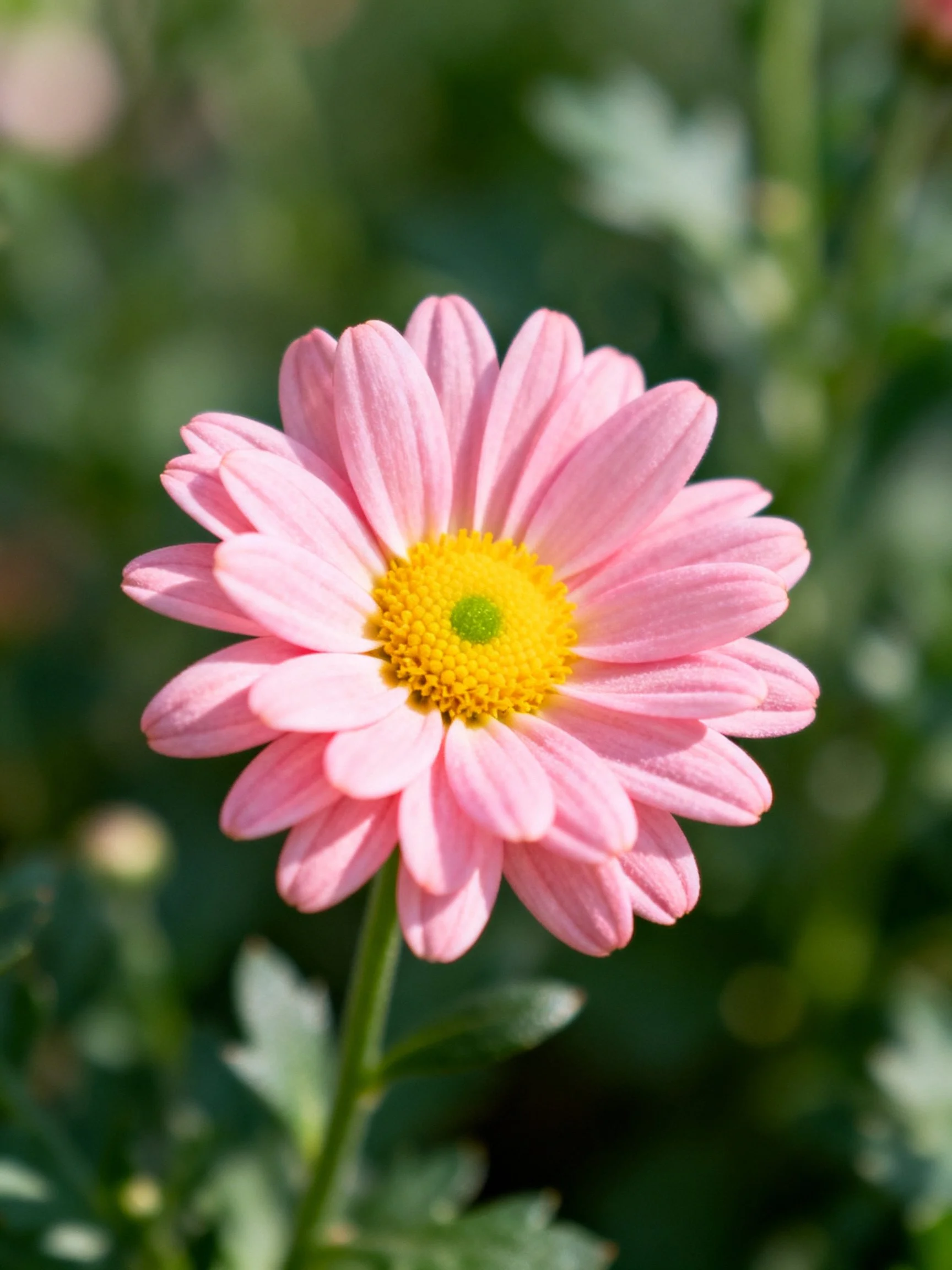 Single pink daisy with yellow center amid greenery
