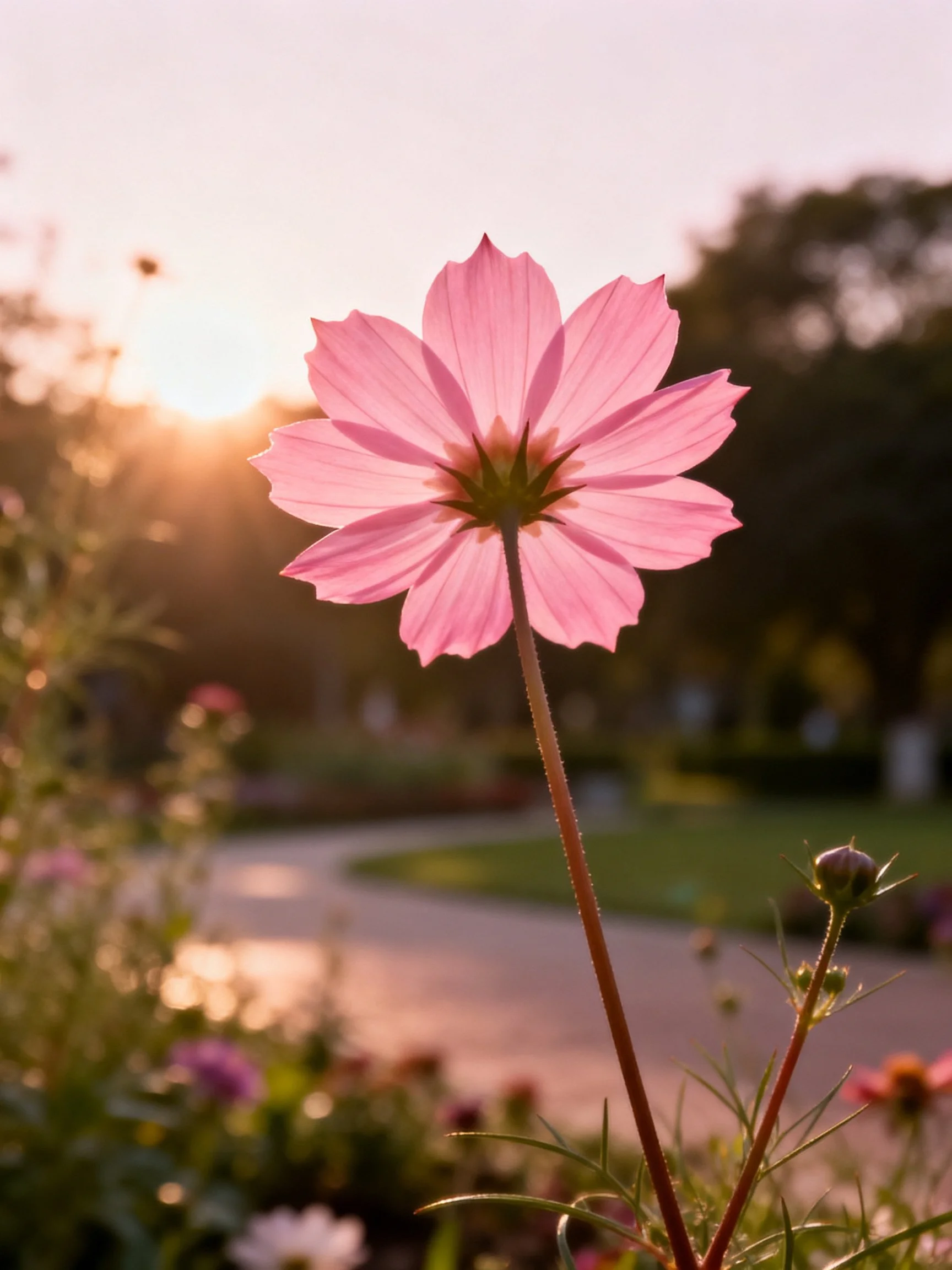 Single pink flower backlit by golden sunset in a garden