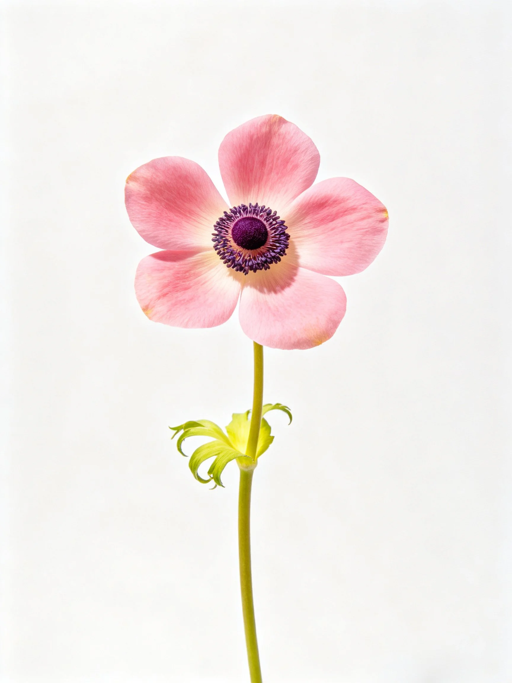 Single pink flower with five petals, green stem, and purple center
