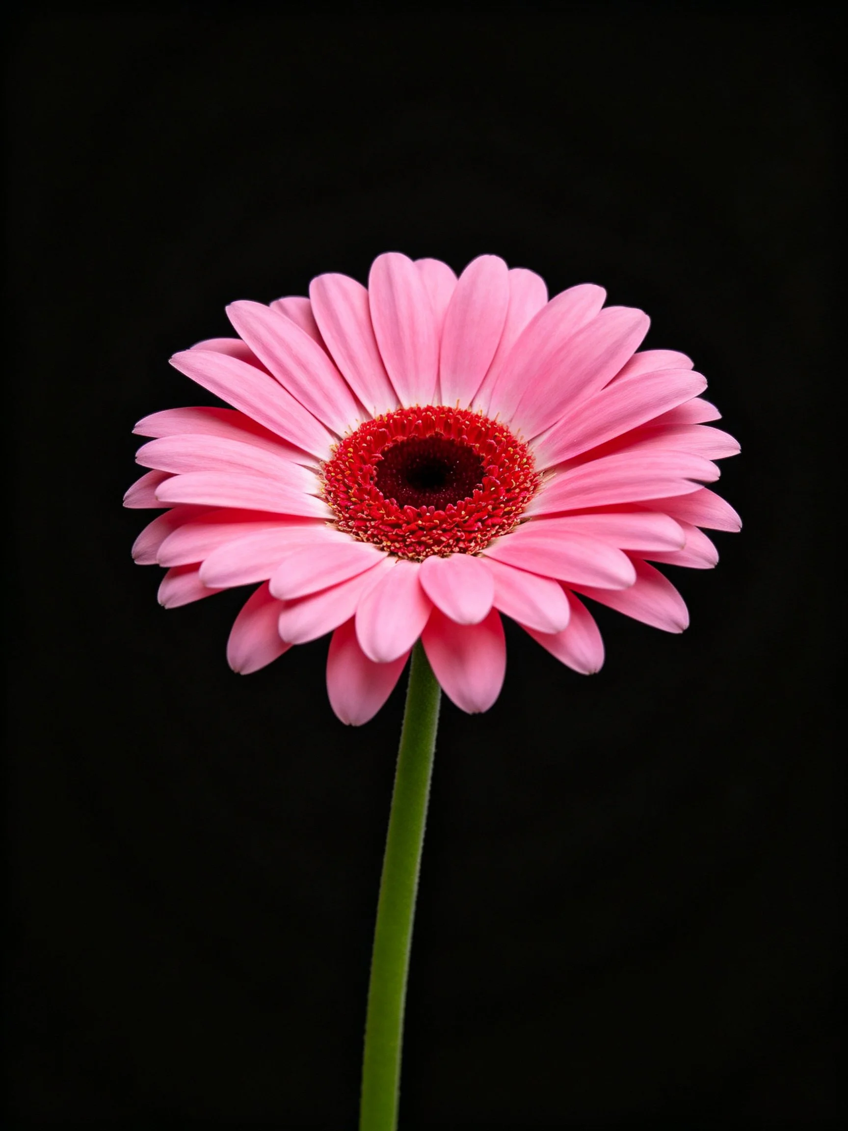 Single pink gerbera daisy with red center and green stem